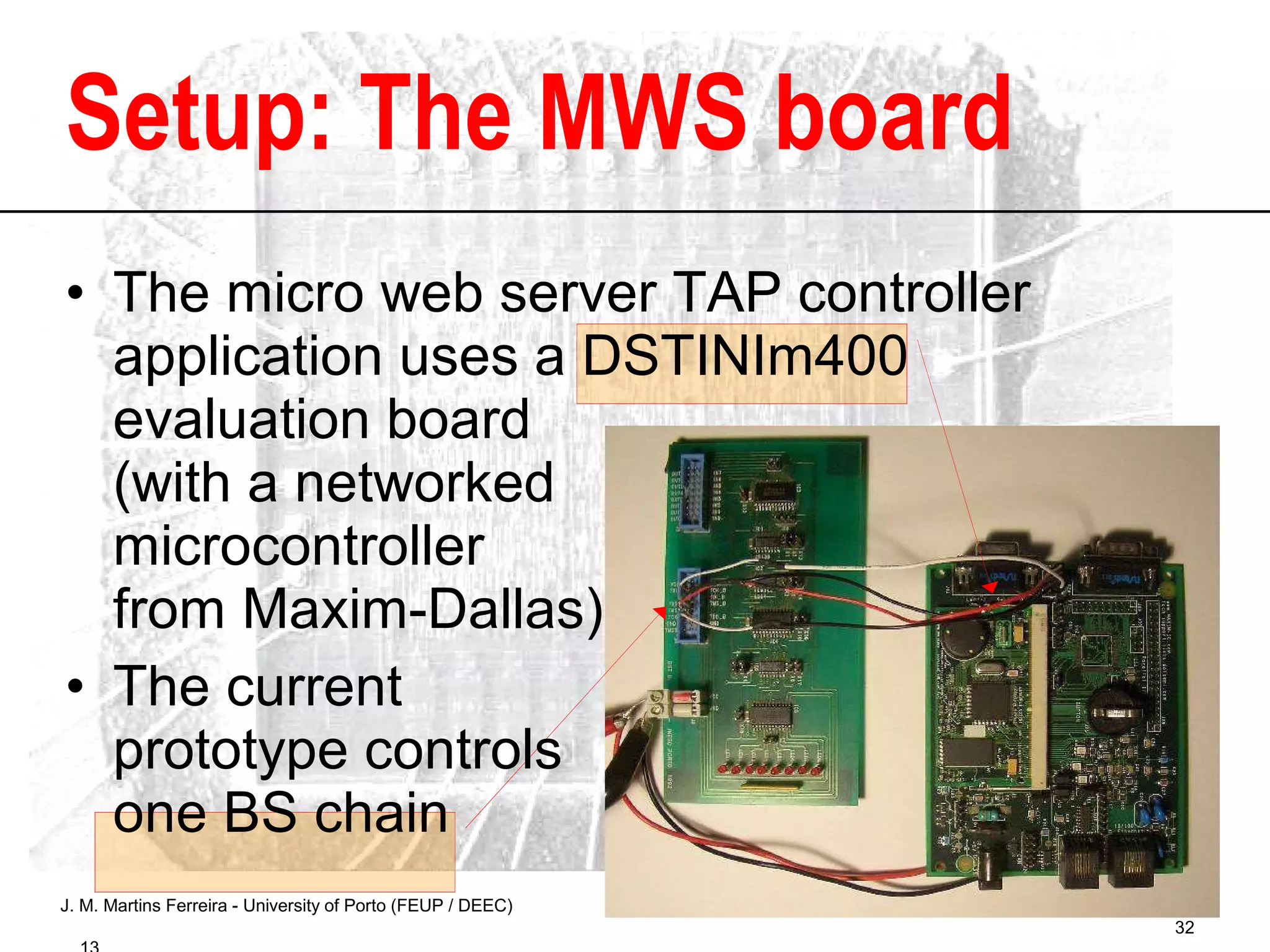 Setup: The MWS board The micro web server TAP controller application uses a DSTINIm400  evaluation board  (with a networked  microcontroller from Maxim-Dallas) The current  prototype controls  one BS chain 