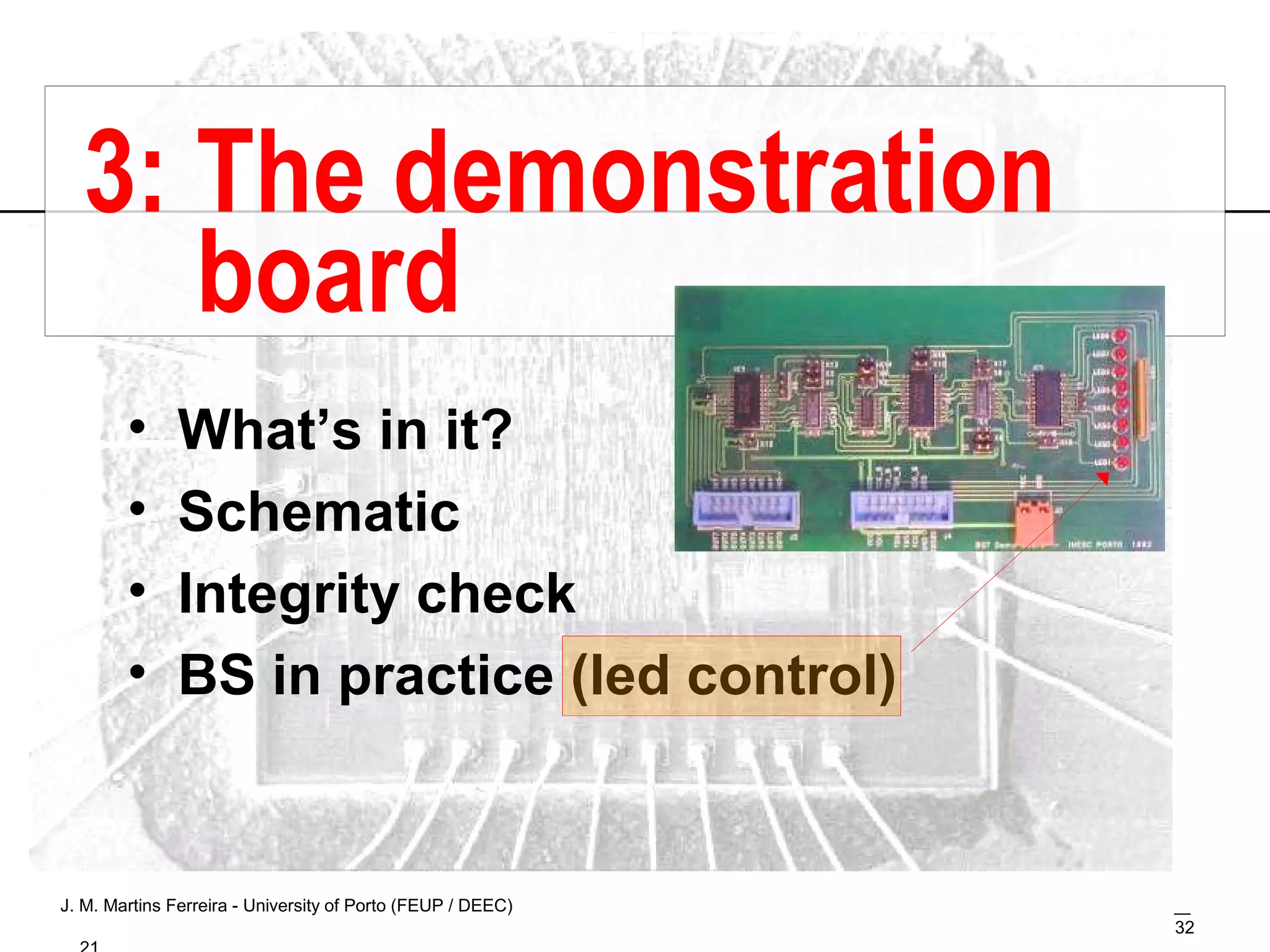 3: The demonstration board What’s in it? Schematic Integrity check BS in practice (led control) 
