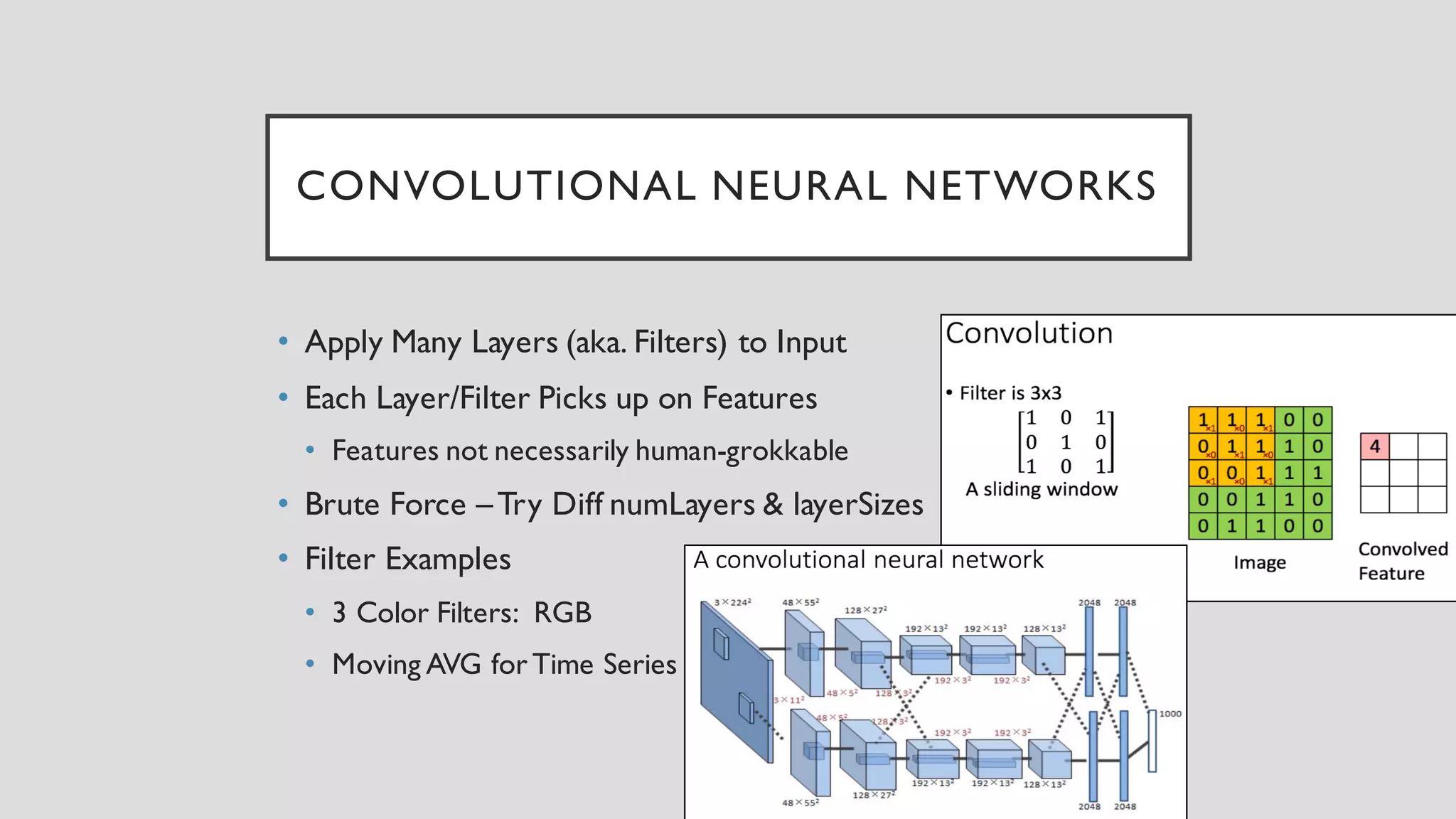 CONVOLUTIONAL NEURAL NETWORKS
• Apply Many Layers (aka. Filters) to Input
• Each Layer/Filter Picks up on Features
• Features not necessarily human-grokkable
• Brute Force –Try Diff numLayers & layerSizes
• Filter Examples
• 3 Color Filters: RGB
• Moving AVG for Time Series
 