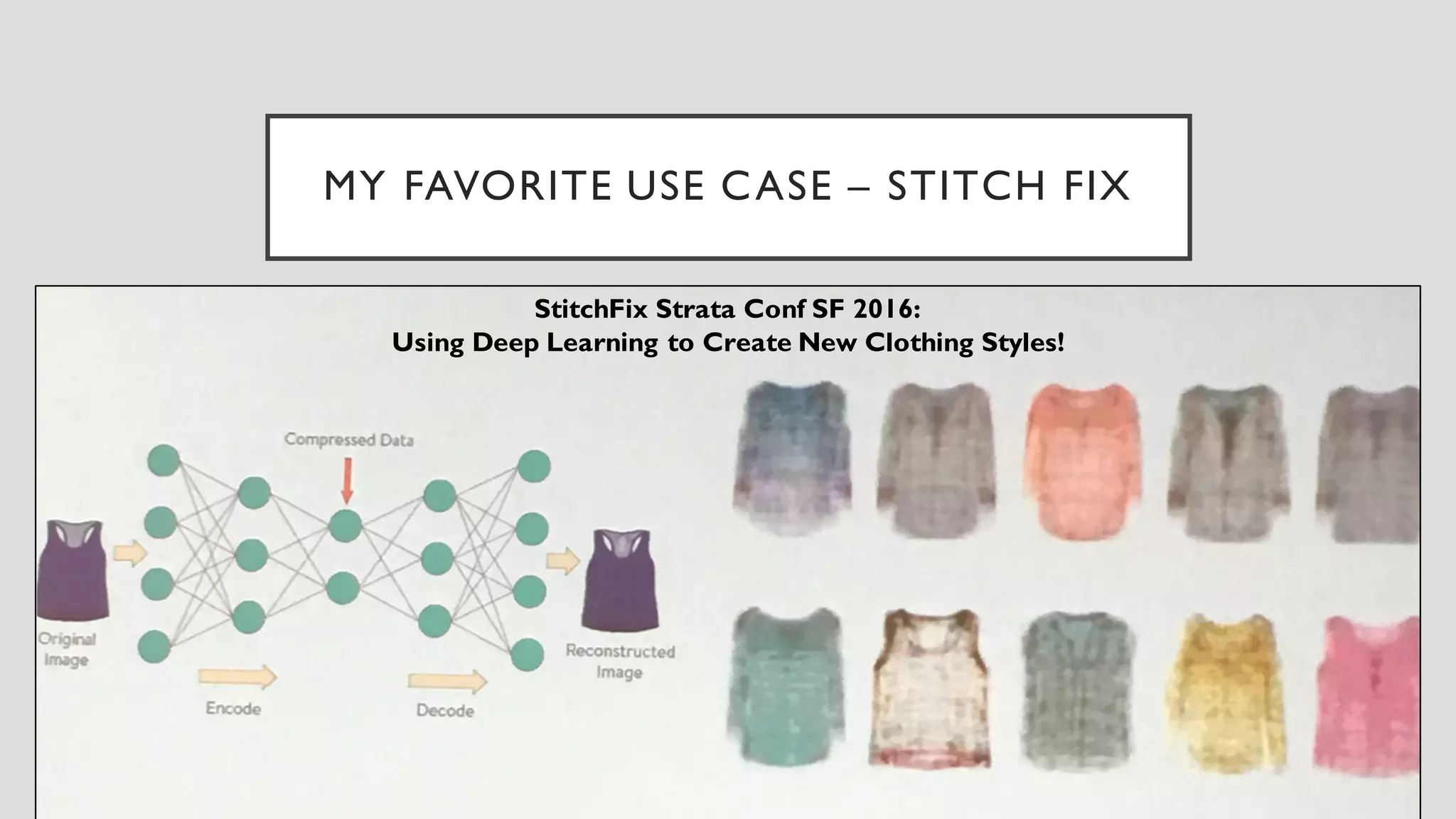 MY FAVORITE USE CASE – STITCH FIX
StitchFix Strata Conf SF 2016:
Using Deep Learning to Create New Clothing Styles!
 