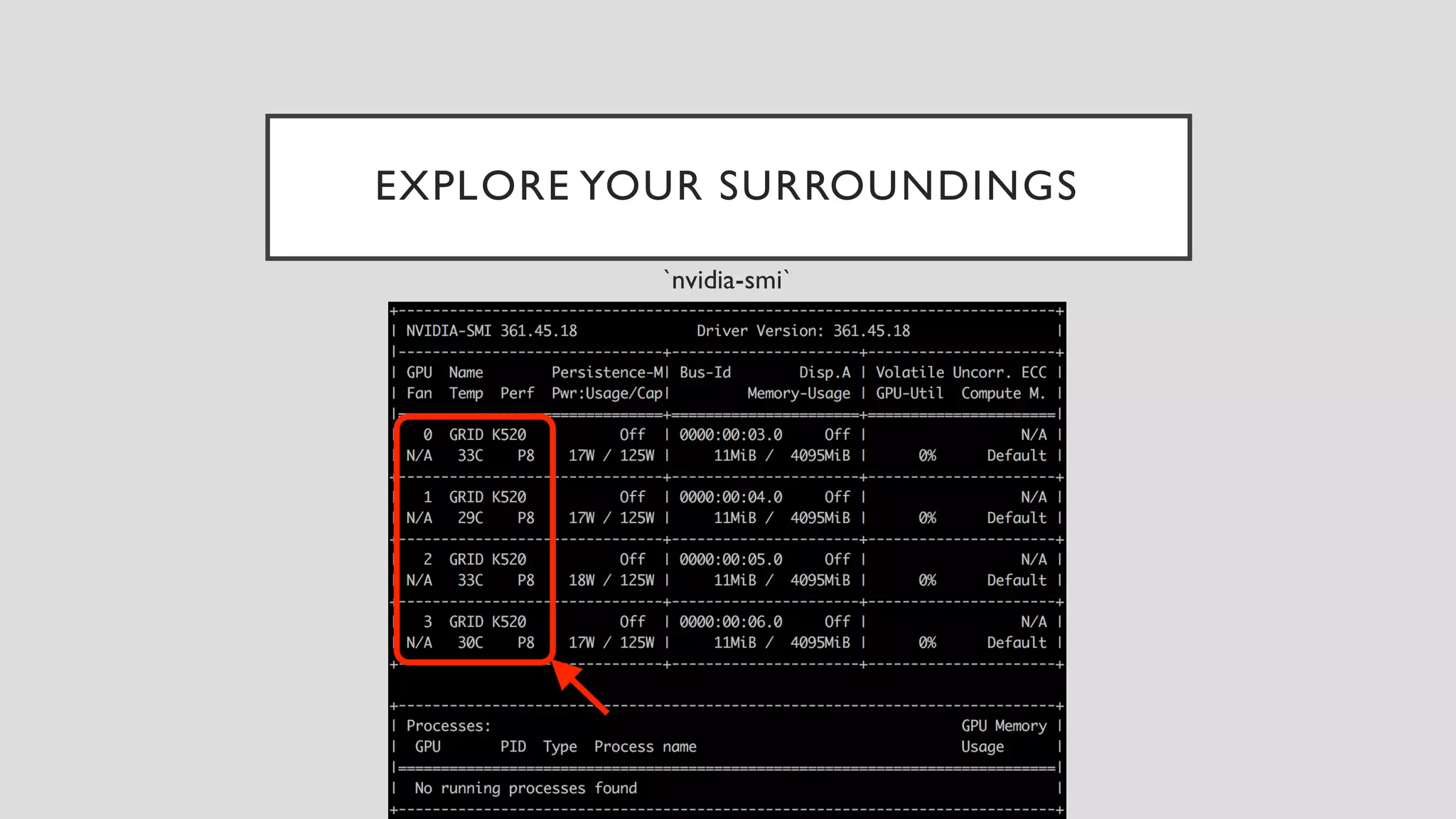 EXPLORE YOUR SURROUNDINGS
`nvidia-smi`
 