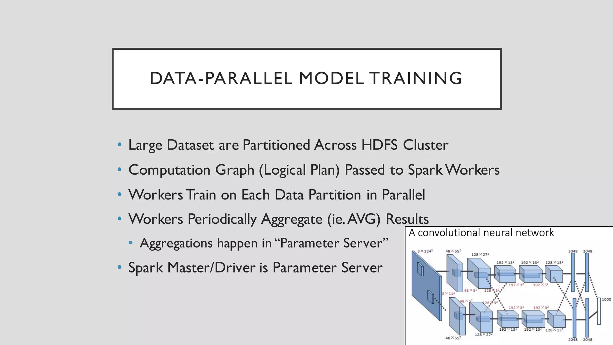 DATA-PARALLEL MODEL TRAINING
• Large Dataset are Partitioned Across HDFS Cluster
• Computation Graph (Logical Plan) Passed to SparkWorkers
• Workers Train on Each Data Partition in Parallel
• Workers Periodically Aggregate (ie.AVG) Results
• Aggregations happen in “Parameter Server”
• Spark Master/Driver is Parameter Server
 