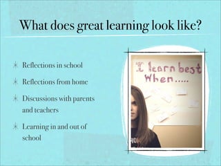 What does great learning look like?

Reflections in school

Reflections from home

Discussions with parents
and teachers

Learning in and out of
school
 