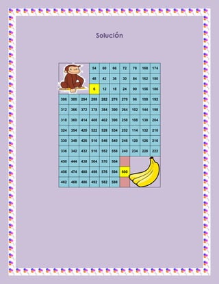Solución 
54 60 66 72 78 168 174 48 42 36 30 84 162 180 6 12 18 24 90 156 186 306 300 294 288 282 276 270 96 150 192 312 366 372 378 384 390 264 102 144 198 318 360 414 408 402 396 258 108 138 204 324 354 420 522 528 534 252 114 132 210 330 348 426 516 546 540 246 120 126 216 336 342 432 510 552 558 240 234 228 222 450 444 438 504 570 564 
456 474 480 498 576 594 600 462 468 486 492 582 588 
