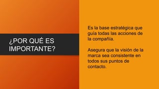 ¿POR QUÉ ES
IMPORTANTE?
Es la base estratégica que
guía todas las acciones de
la compañía.
Asegura que la visión de la
marca sea consistente en
todos sus puntos de
contacto.
 