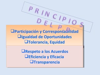 Participación y Corresponsabilidad Igualdad de Oportunidades Tolerancia, Equidad Respeto a los Acuerdos Eficiencia y Eficacia  Transparencia 