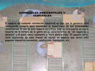 CARRUSELES HORIZONTALES Y VERTICALES El espacio en cualquier instalación industrial es algo que la gerencia está reasignando siempre para maximizar lo beneficioso de sus propiedades inmobiliarias. El uso de este espacio es crítico. Cuál es interesante es esa la mayoría de la mirada de la gente en su característica de “de izquierda a derecha” y él para nunca realmente y “mire para arriba.” El espacio aéreo vacío sobretodo de esos bienes de equipo es espacio que usted está pagando impuestos encendido, calefacción, iluminación, etc. 