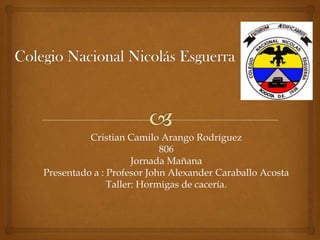 Cristian Camilo Arango Rodríguez
806
Jornada Mañana
Presentado a : Profesor John Alexander Caraballo Acosta
Taller: Hormigas de cacería.
 