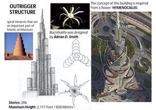 The concept of this building is inspired
from a flower ‘HYMENOCALLIS’.
spiral minarets that are
an important part of
Islamic architecture.
OUTRIGGER
STRUCTURE
Burj khalifa was designed
by Adrian D. Smith.
Stories: 206
Maximum Height: 2,717 Feet / 828 Meters
 