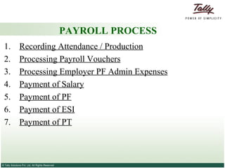 PAYROLL PROCESS 1.  Recording Attendance / Production 2.  Processing Payroll Vouchers 3.  Processing Employer PF Admin Expenses 4.  Payment of Salary 5.  Payment of PF 6.  Payment of ESI 7.  Payment of PT 