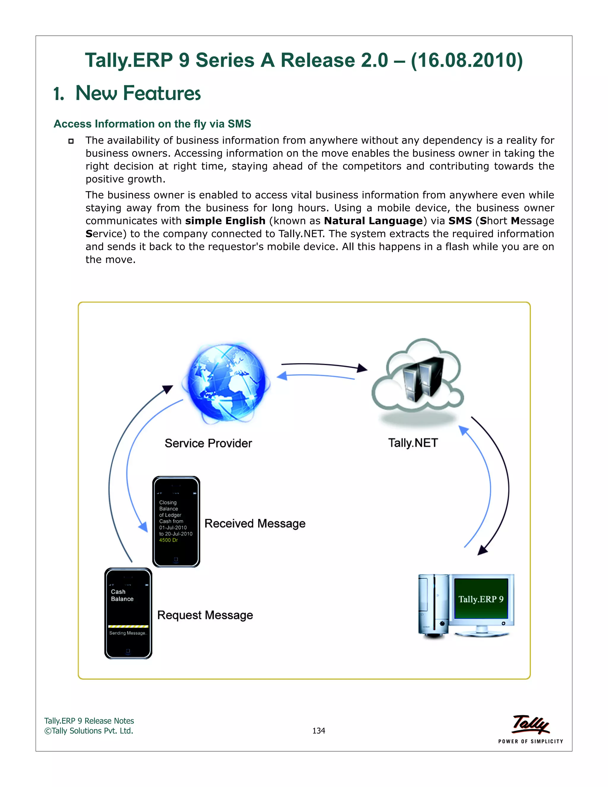 Tally.ERP 9 Release Notes 
©Tally Solutions Pvt. Ltd. 134 
Tally.ERP 9 Series A Release 2.0 – (16.08.2010) 
1. New Features 
Access Information on the fly via SMS 
 The availability of business information from anywhere without any dependency is a reality for 
business owners. Accessing information on the move enables the business owner in taking the 
right decision at right time, staying ahead of the competitors and contributing towards the 
positive growth. 
The business owner is enabled to access vital business information from anywhere even while 
staying away from the business for long hours. Using a mobile device, the business owner 
communicates with simple English (known as Natural Language) via SMS (Short Message 
Service) to the company connected to Tally.NET. The system extracts the required information 
and sends it back to the requestor's mobile device. All this happens in a flash while you are on 
the move. 
 