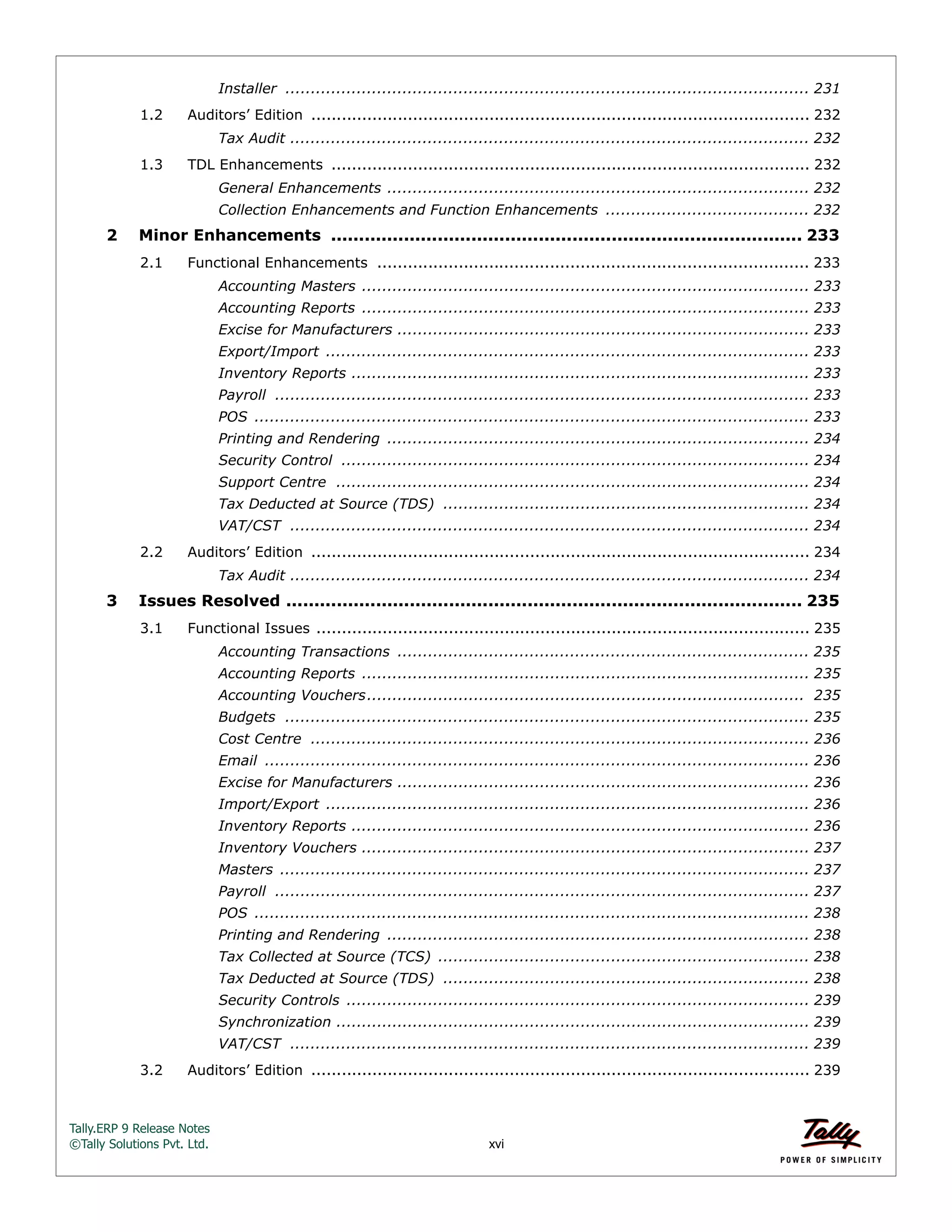 Tally.ERP 9 Release Notes 
©Tally Solutions Pvt. Ltd. xvi 
Installer ....................................................................................................... 231 
1.2 Auditors’ Edition .................................................................................................. 232 
Tax Audit ...................................................................................................... 232 
1.3 TDL Enhancements .............................................................................................. 232 
General Enhancements ................................................................................... 232 
Collection Enhancements and Function Enhancements ........................................ 232 
2 Minor Enhancements .................................................................................... 233 
2.1 Functional Enhancements ..................................................................................... 233 
Accounting Masters ........................................................................................ 233 
Accounting Reports ........................................................................................ 233 
Excise for Manufacturers ................................................................................. 233 
Export/Import ............................................................................................... 233 
Inventory Reports .......................................................................................... 233 
Payroll ......................................................................................................... 233 
POS ............................................................................................................. 233 
Printing and Rendering ................................................................................... 234 
Security Control ............................................................................................ 234 
Support Centre ............................................................................................. 234 
Tax Deducted at Source (TDS) ........................................................................ 234 
VAT/CST ...................................................................................................... 234 
2.2 Auditors’ Edition .................................................................................................. 234 
Tax Audit ...................................................................................................... 234 
3 Issues Resolved ............................................................................................ 235 
3.1 Functional Issues ................................................................................................. 235 
Accounting Transactions ................................................................................. 235 
Accounting Reports ........................................................................................ 235 
Accounting Vouchers...................................................................................... 235 
Budgets ....................................................................................................... 235 
Cost Centre .................................................................................................. 236 
Email ........................................................................................................... 236 
Excise for Manufacturers ................................................................................. 236 
Import/Export ............................................................................................... 236 
Inventory Reports .......................................................................................... 236 
Inventory Vouchers ........................................................................................ 237 
Masters ........................................................................................................ 237 
Payroll ......................................................................................................... 237 
POS ............................................................................................................. 238 
Printing and Rendering ................................................................................... 238 
Tax Collected at Source (TCS) ......................................................................... 238 
Tax Deducted at Source (TDS) ........................................................................ 238 
Security Controls ........................................................................................... 239 
Synchronization ............................................................................................. 239 
VAT/CST ...................................................................................................... 239 
3.2 Auditors’ Edition .................................................................................................. 239 
 