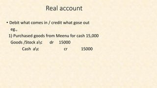 • Debit what comes in / credit what gose out
eg.,
1) Purchased goods from Meenu for cash 15,000
Goods /Stock ac dr 15000
Cash ac cr 15000
Real account
 