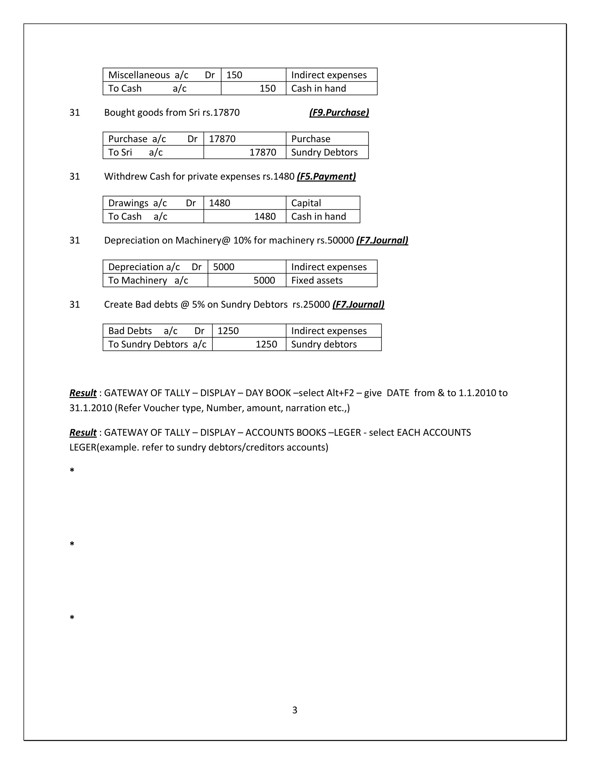 3
31 Bought goods from Sri rs.17870 (F9.Purchase)
31 Withdrew Cash for private expenses rs.1480 (F5.Payment)
31 Depreciation on Machinery@ 10% for machinery rs.50000 (F7.Journal)
31 Create Bad debts @ 5% on Sundry Debtors rs.25000 (F7.Journal)
Result : GATEWAY OF TALLY ʹ DISPLAY ʹ DAY BOOK ʹselect Alt+F2 ʹ give DATE from & to 1.1.2010 to
31.1.2010 (Refer Voucher type, Number, amount, narration etc.,)
Result : GATEWAY OF TALLY ʹ DISPLAY ʹ ACCOUNTS BOOKS ʹLEGER - select EACH ACCOUNTS
LEGER(example. refer to sundry debtors/creditors accounts)
*
*
*
Miscellaneous a/c Dr 150 Indirect expenses
To Cash a/c 150 Cash in hand
Purchase a/c Dr 17870 Purchase
To Sri a/c 17870 Sundry Debtors
Drawings a/c Dr 1480 Capital
To Cash a/c 1480 Cash in hand
Depreciation a/c Dr 5000 Indirect expenses
To Machinery a/c 5000 Fixed assets
Bad Debts a/c Dr 1250 Indirect expenses
To Sundry Debtors a/c 1250 Sundry debtors
 