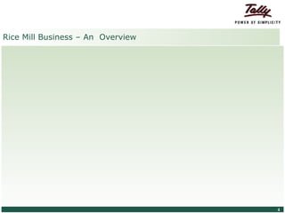 Rice Mill Business – An Overview




© Tally Solutions Pvt. Ltd. All Rights Reserved   4
 