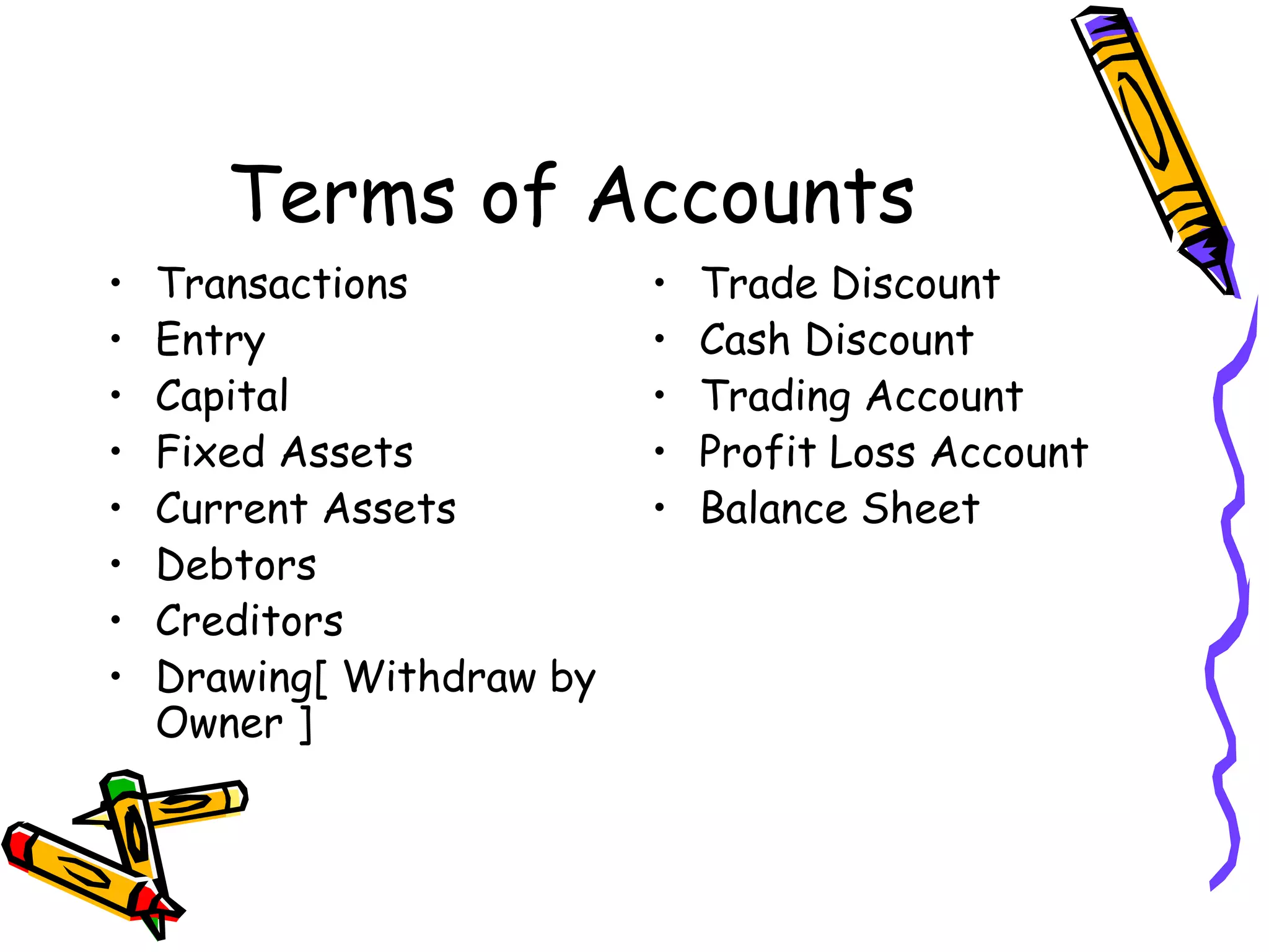 Terms of Accounts
• Transactions
• Entry
• Capital
• Fixed Assets
• Current Assets
• Debtors
• Creditors
• Drawing[ Withdraw by
Owner ]
• Trade Discount
• Cash Discount
• Trading Account
• Profit Loss Account
• Balance Sheet
 