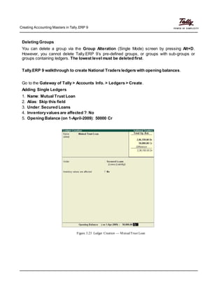 Creating Accounting Masters in Tally.ERP 9
Deleting Groups
You can delete a group via the Group Alteration (Single Mode) screen by pressing Alt+D.
However, you cannot delete Tally.ERP 9’s pre-defined groups, or groups with sub-groups or
groups containing ledgers. The lowest level must be deleted first.
Tally.ERP 9 walkthrough to create National Traders ledgers with opening balances.
Go to the Gateway of Tally > Accounts Info. > Ledgers > Create.
Adding Single Ledgers
1. Name: Mutual Trust Loan
2. Alias: Skip this field
3. Under: Secured Loans
4. Inventoryvalues are affected ?: No
5. Opening Balance (on 1-April-2009): 50000 Cr
Figure 3.23 Ledger Creation — MutualTrust Loan
 