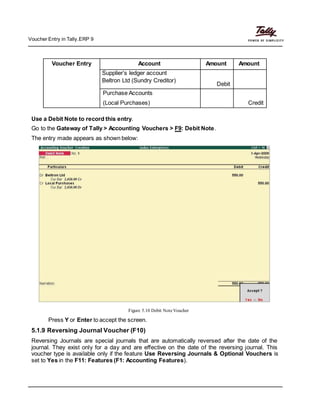 Voucher Entry in Tally.ERP 9
Voucher Entry Account Amount Amount
Supplier’s ledger account
Beltron Ltd (Sundry Creditor)
Debit
Purchase Accounts
(Local Purchases) Credit
Use a Debit Note to record this entry.
Go to the Gateway of Tally > Accounting Vouchers > F9: Debit Note.
The entry made appears as shown below:
Figure 5.10 Debit NoteVoucher
Press Y or Enter to accept the screen.
5.1.9 Reversing Journal Voucher (F10)
Reversing Journals are special journals that are automatically reversed after the date of the
journal. They exist only for a day and are effective on the date of the reversing journal. This
voucher type is available only if the feature Use Reversing Journals & Optional Vouchers is
set to Yes in the F11: Features (F1: Accounting Features).
 