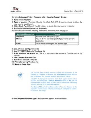 Voucher Entry in Tally.ERP 9
Go to the Gateway of Tally > Accounts Info. > Voucher Types > Create.
1. Name: Bank Payment
2. Type of Voucher: Payment (Specify the default Tally.ERP 9 voucher, whose functions the
new voucher should copy).
3. Abbr.: Bank Pymt (Specify the abbreviation to denote this new voucher in reports)
4. Method of Voucher Numbering: Automatic
You can choose one of the following methods for numbering from the pop-up:
Method of Numbering Purpose
Automatic For Tally.ERP 9 to do it for you.
Manual You do it. You can also specify if you wish to prevent
duplicates.
None To disable numbering for this voucher type.
5. Use Advance Configuration: No
6. Use EFFECTIVE Dates for Vouchers: No
7. Make ‘Optional’ as default: No (This is to set the voucher type as an Optional voucher, by
default)
8. Use Common Narration: Yes
9. Narrations for each entry: No
10. Print after saving Voucher: No
11. Name of Class: Skip.
The voucher date is taken from the current date mentioned at the
Gateway of Tally.ERP 9. However, the effective date for the voucher
may be different. For example, entering a post-dated cheque.
Tally.ERP 9 displays the narration field which applies to the whole
voucher. By setting Use Common Narration option to No, we can
have separate narration fields for each line on the voucher. Reversing
Journals are used for Scenario Management.
The Name of Class field enables creation of Voucher Classes for the
respective voucher types. (The Voucher class is a template to custom-
ise voucher data entry).
A Bank Payment Voucher Type Creation screen appears as shown below:
 