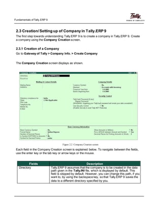 Fundamentals of Tally.ERP 9
2.3 Creation/Setting up of Company in Tally.ERP 9
The first step towards understanding Tally.ERP 9 is to create a company in Tally.ERP 9. Create
a company using the Company Creation screen.
2.3.1 Creation of a Company
Go to Gateway of Tally > Company Info. > Create Company
The Company Creation screen displays as shown.
Figure 2.2 Company Creation screen
Each field in the Company Creation screen is explained below. To navigate between the fields,
use the enter key or the tab key or arrow keys or the mouse.
Fields Description
Directory Tally.ERP 9 assumes that the company is to be created in the data
path given in the Tally.INI file, which is displayed by default. This
field is skipped by default. However, you can change this path, if you
want to, by using the backspace key, so that Tally.ERP 9 saves the
data to a different directory specified by you.
 