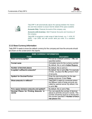 Fundamentals of Tally.ERP 9
Tally.ERP 9 will automatically adjust the spacing between the charac-
ters and lines entered to ensure that the details fit the space available.
Accounts Only: Financial Accounts of the company only
Accounts-with-Inventory: Both Financial Accounts and Inventory of
the company.
Tally.ERP 9 recognises a wide range of date formats, e.g. 1 -4-09, 01/
04/09, 1 Apr 2009, and will convert what you enter, to a standard
format.
2.3.2 Base Currency Information
Tally.ERP 9 needs to know the default currency for the company and how the amounts should
be shown on the screen and in the reports.
BASE CURRENCY INFORMATION
Fields Description
Base currency symbol Pre-set as a default currency — Rs. (as
specified earlier).
Formal name Complete name for the currency symbol.
By default, this is set to Indian Rupees.
Number of decimal places By default, this is set to 2.
Is symbol suffixed to amounts? By default, this is set to No. For example,
in India, we place the Rs symbol in front
of amounts.
Symbol for Decimal Portion Enter the decimal portion for the cur-
rency mentioned. Enter Paise.
Show amounts in millions? Tally.ERP 9 caters to currencies where
the different parts of large amounts are
called by special names. By default, this
is set to No.
Put a space between amounts and symbol? By default, this is set to Yes.
Decimal Places for Printing Amounts in You can specify the number of decimal
words places to print the amount in words. This
number should be equal to or lesser than
the number specified in Number of Deci-
mal places field.
 