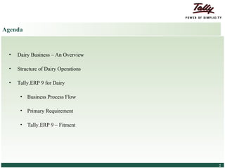 Agenda


      •      Dairy Business – An Overview

      •      Structure of Dairy Operations

      •      Tally.ERP 9 for Dairy

                • Business Process Flow

                • Primary Requirement

                • Tally.ERP 9 – Fitment




© Tally Solutions Pvt. Ltd. All Rights Reserved   2
 