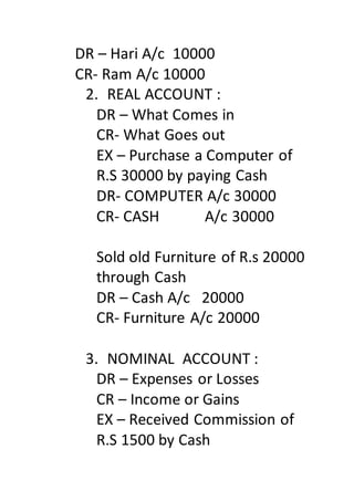 DR – Hari A/c 10000
CR- Ram A/c 10000
2. REAL ACCOUNT :
DR – What Comes in
CR- What Goes out
EX – Purchase a Computer of
R.S 30000 by paying Cash
DR- COMPUTER A/c 30000
CR- CASH A/c 30000
Sold old Furniture of R.s 20000
through Cash
DR – Cash A/c 20000
CR- Furniture A/c 20000
3. NOMINAL ACCOUNT :
DR – Expenses or Losses
CR – Income or Gains
EX – Received Commission of
R.S 1500 by Cash
 