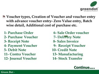 Voucher types, Creation of Voucher and voucher entry
with advance voucher entry- Zero Value entry, Batch
wise detail, Additional cost of purchase etc.
1- Purchase Order 6- Sale Order voucher
2- Purchase Voucher 7- Delivery Note
3- Receipt Note 8- Sales Invoice
4- Payment Voucher 9- Receipt Voucher
5- Debit Note 10- Credit Note
11- Contra Voucher 13- Manufacturing
12- Journal Voucher 14- Stock Transfer
Green Dot -
 