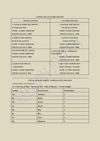 VENDOR AND CUSTOMER CREATION
VENDOR CREATION CUSTOMER CREATION
1. NATIONAL RADIO ELECTRONICS
SN PARK, KANNUR
UNDER : SUNDRY CREDITORS
OPENING BALANCE: 20000
1. MALABAR ELECTRICALS
PNG ROAD, KANNUR
UNDER: SUNDRY DEBTORS
OPENING BALANCE: 15000
2. NIKSHAN ELECTRONICS
BANK ROAD, KANNUR
UNDER: SUNDRY CREDITORS
OPENING BALANCE: 50000
2. LOTUS ASSOCIATES
ASOKA JUNCTION
UNDER: SUNDRY DEBTORS
OPENING BALANCE: 50000
3.L& P ELECTRICALS , KOCHI
UNDER: SUNDRY CREDITORS
OPENING BALANCE: 25000
3. SONYELECTRICAL APPLIANCES,
TALIPARAMBA
UNDER: SUNDRY DEBTORS
OPENING BALANCE: 25000
4. QUILON ELECTRICALS,
TALIPARAMBA
UNDER: SUNDRY CREDITORS
OPENING BALANCE: 5500
4. ABC SALES CORPORATION
NEAR ALINKEEL THEATRE
UNDER : SUNDRY DEBTORS
OPENING BALANCE: 45000
UNIT OF MEASURE (SIMPLE/ COMPOUND UNIT CREATION)
Creating Simple Unit of Measure
Go to Gateway of Tally > Inventory Info > Units of Measure > Create (simple)
Symbol Formal name Decimal place
Nos Numbers 2
Btl Bottle 2
Pkt Packet 2
Dz Dozen 2
Bg Bag 2
Bx Box 2
Ltr Litre 3
Kg Kilogram 3
 