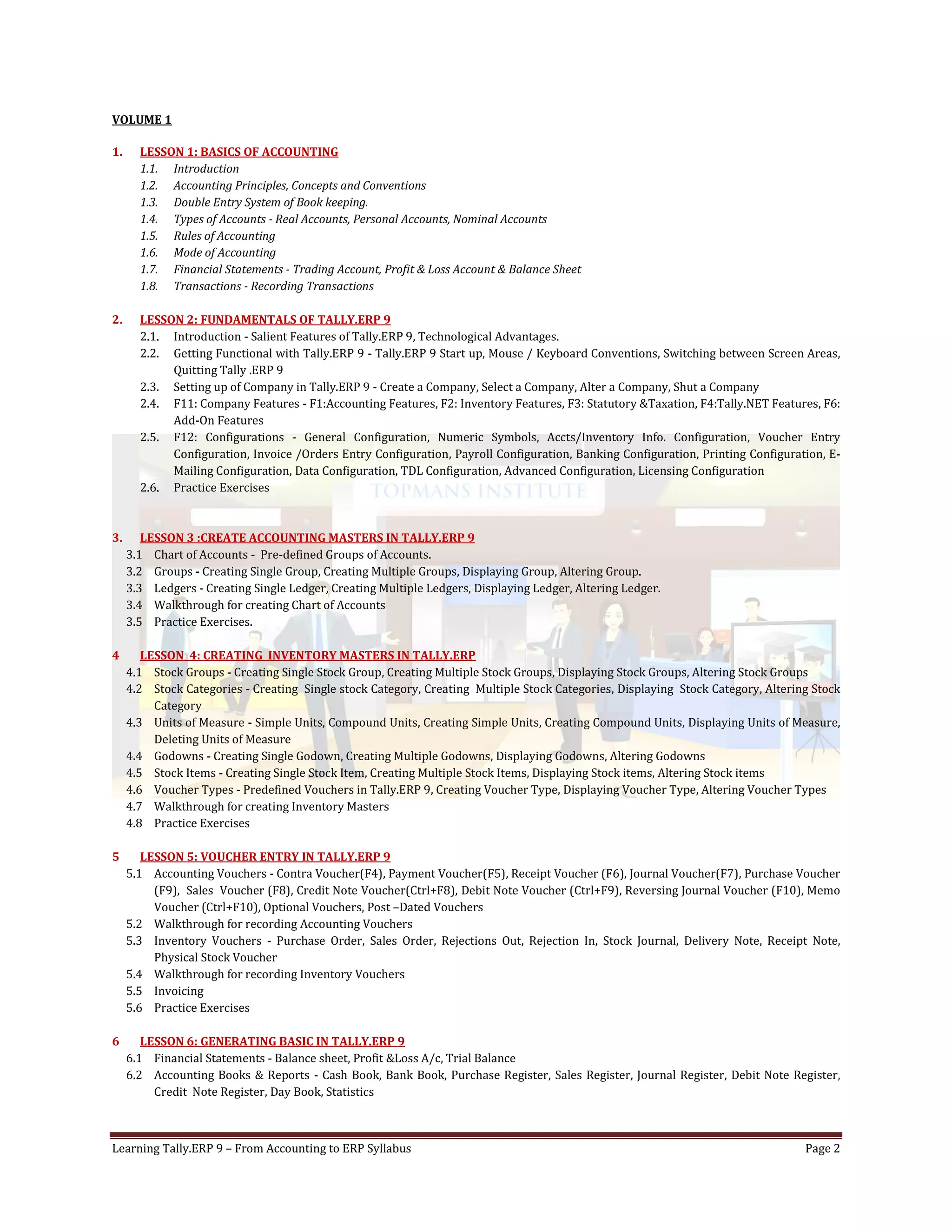 Learning Tally.ERP 9 – From Accounting to ERP Syllabus Page 2
VOLUME 1
1. LESSON 1: BASICS OF ACCOUNTING
1.1. Introduction
1.2. Accounting Principles, Concepts and Conventions
1.3. Double Entry System of Book keeping.
1.4. Types of Accounts - Real Accounts, Personal Accounts, Nominal Accounts
1.5. Rules of Accounting
1.6. Mode of Accounting
1.7. Financial Statements - Trading Account, Profit & Loss Account & Balance Sheet
1.8. Transactions - Recording Transactions
2. LESSON 2: FUNDAMENTALS OF TALLY.ERP 9
2.1. Introduction - Salient Features of Tally.ERP 9, Technological Advantages.
2.2. Getting Functional with Tally.ERP 9 - Tally.ERP 9 Start up, Mouse / Keyboard Conventions, Switching between Screen Areas,
Quitting Tally .ERP 9
2.3. Setting up of Company in Tally.ERP 9 - Create a Company, Select a Company, Alter a Company, Shut a Company
2.4. F11: Company Features - F1:Accounting Features, F2: Inventory Features, F3: Statutory &Taxation, F4:Tally.NET Features, F6:
Add-On Features
2.5. F12: Configurations - General Configuration, Numeric Symbols, Accts/Inventory Info. Configuration, Voucher Entry
Configuration, Invoice /Orders Entry Configuration, Payroll Configuration, Banking Configuration, Printing Configuration, E-
Mailing Configuration, Data Configuration, TDL Configuration, Advanced Configuration, Licensing Configuration
2.6. Practice Exercises
3. LESSON 3 :CREATE ACCOUNTING MASTERS IN TALLY.ERP 9
3.1 Chart of Accounts - Pre-defined Groups of Accounts.
3.2 Groups - Creating Single Group, Creating Multiple Groups, Displaying Group, Altering Group.
3.3 Ledgers - Creating Single Ledger, Creating Multiple Ledgers, Displaying Ledger, Altering Ledger.
3.4 Walkthrough for creating Chart of Accounts
3.5 Practice Exercises.
4 LESSON 4: CREATING INVENTORY MASTERS IN TALLY.ERP
4.1 Stock Groups - Creating Single Stock Group, Creating Multiple Stock Groups, Displaying Stock Groups, Altering Stock Groups
4.2 Stock Categories - Creating Single stock Category, Creating Multiple Stock Categories, Displaying Stock Category, Altering Stock
Category
4.3 Units of Measure - Simple Units, Compound Units, Creating Simple Units, Creating Compound Units, Displaying Units of Measure,
Deleting Units of Measure
4.4 Godowns - Creating Single Godown, Creating Multiple Godowns, Displaying Godowns, Altering Godowns
4.5 Stock Items - Creating Single Stock Item, Creating Multiple Stock Items, Displaying Stock items, Altering Stock items
4.6 Voucher Types - Predefined Vouchers in Tally.ERP 9, Creating Voucher Type, Displaying Voucher Type, Altering Voucher Types
4.7 Walkthrough for creating Inventory Masters
4.8 Practice Exercises
5 LESSON 5: VOUCHER ENTRY IN TALLY.ERP 9
5.1 Accounting Vouchers - Contra Voucher(F4), Payment Voucher(F5), Receipt Voucher (F6), Journal Voucher(F7), Purchase Voucher
(F9), Sales Voucher (F8), Credit Note Voucher(Ctrl+F8), Debit Note Voucher (Ctrl+F9), Reversing Journal Voucher (F10), Memo
Voucher (Ctrl+F10), Optional Vouchers, Post –Dated Vouchers
5.2 Walkthrough for recording Accounting Vouchers
5.3 Inventory Vouchers - Purchase Order, Sales Order, Rejections Out, Rejection In, Stock Journal, Delivery Note, Receipt Note,
Physical Stock Voucher
5.4 Walkthrough for recording Inventory Vouchers
5.5 Invoicing
5.6 Practice Exercises
6 LESSON 6: GENERATING BASIC IN TALLY.ERP 9
6.1 Financial Statements - Balance sheet, Profit &Loss A/c, Trial Balance
6.2 Accounting Books & Reports - Cash Book, Bank Book, Purchase Register, Sales Register, Journal Register, Debit Note Register,
Credit Note Register, Day Book, Statistics
 