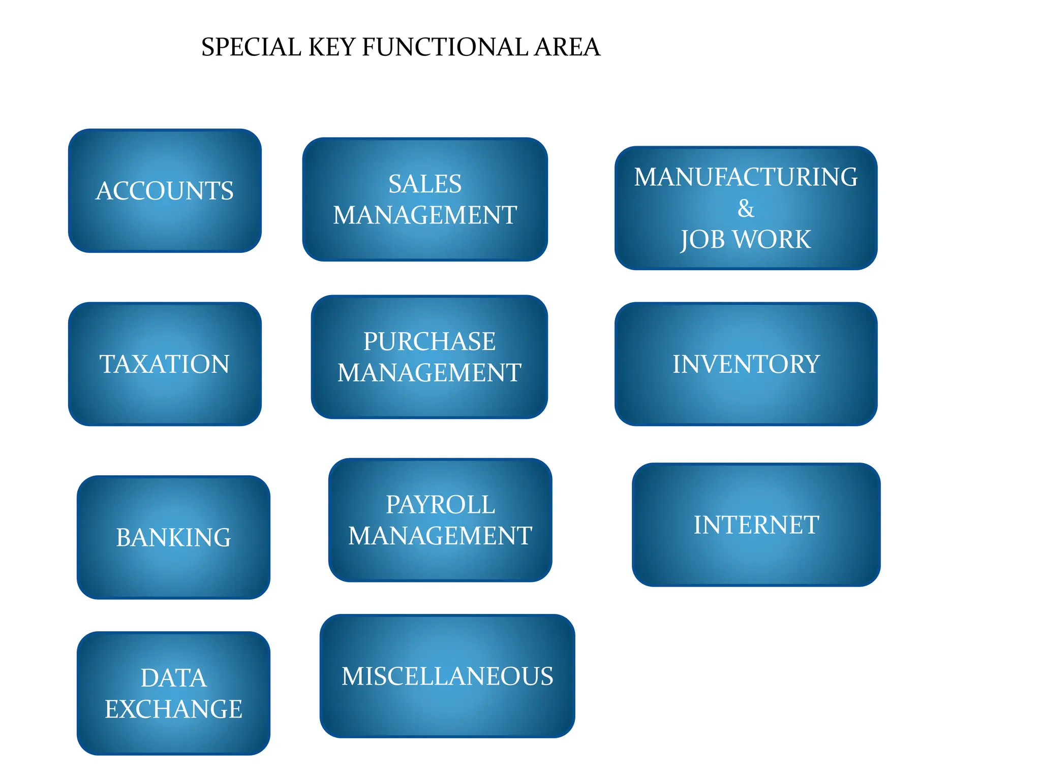 SPECIAL KEY FUNCTIONAL AREA
ACCOUNTS
TAXATION
BANKING
SALES
MANAGEMENT
PURCHASE
MANAGEMENT
PAYROLL
MANAGEMENT
MANUFACTURING
&
JOB WORK
INVENTORY
INTERNET
DATA
EXCHANGE
MISCELLANEOUS
 