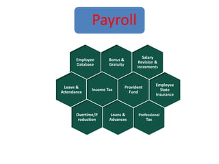 Payroll
Bonus &
Gratuity
Employee
Database
Leave &
Attendance
Income Tax
Loans &
Advances
Overtime/P
roduction
Salary
Revision &
Increments
Professional
Tax
Employee
State
Insurance
Provident
Fund
 