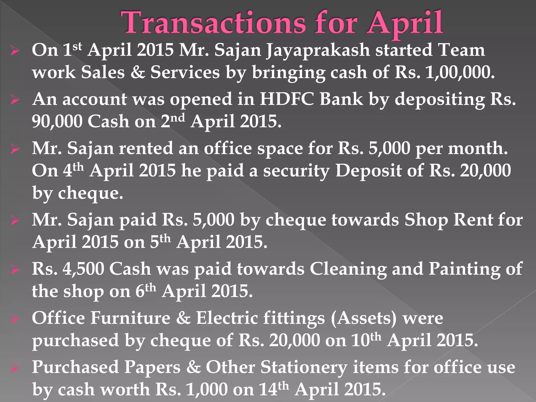  On 1st April 2015 Mr. Sajan Jayaprakash started Team
work Sales & Services by bringing cash of Rs. 1,00,000.
 An account was opened in HDFC Bank by depositing Rs.
90,000 Cash on 2nd April 2015.
 Mr. Sajan rented an office space for Rs. 5,000 per month.
On 4th April 2015 he paid a security Deposit of Rs. 20,000
by cheque.
 Mr. Sajan paid Rs. 5,000 by cheque towards Shop Rent for
April 2015 on 5th April 2015.
 Rs. 4,500 Cash was paid towards Cleaning and Painting of
the shop on 6th April 2015.
 Office Furniture & Electric fittings (Assets) were
purchased by cheque of Rs. 20,000 on 10th April 2015.
 Purchased Papers & Other Stationery items for office use
by cash worth Rs. 1,000 on 14th April 2015.
 