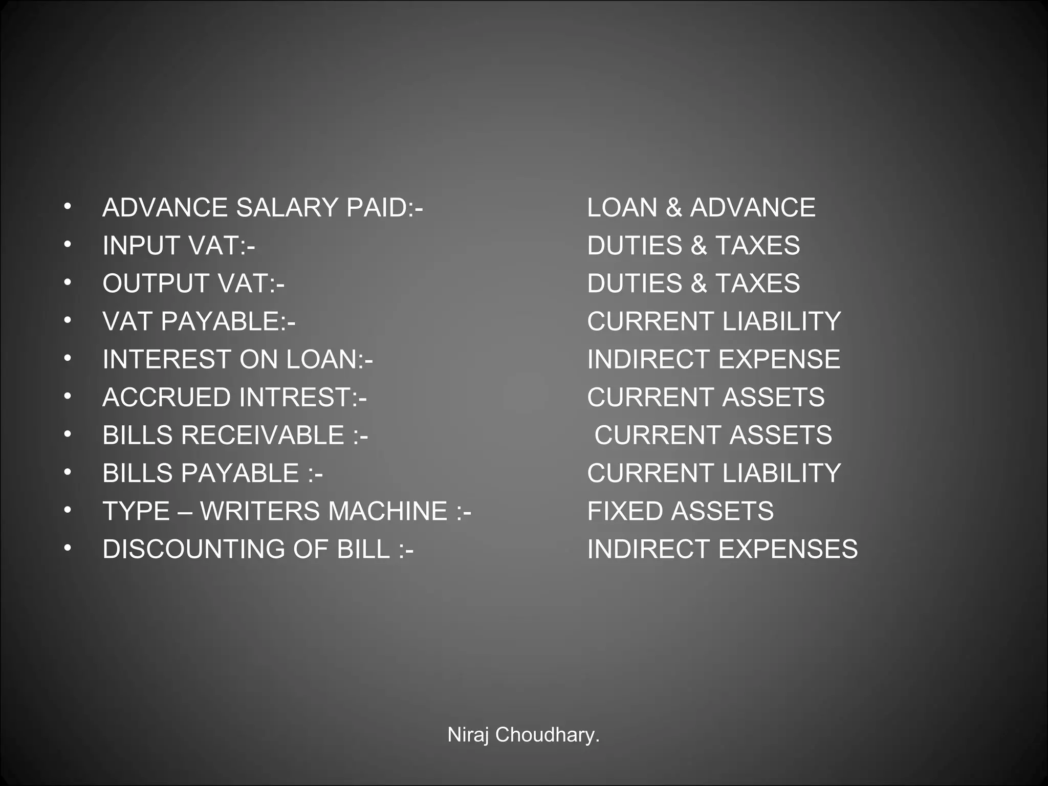 •
•
•
•
•
•
•
•
•
•

ADVANCE SALARY PAID:INPUT VAT:OUTPUT VAT:VAT PAYABLE:INTEREST ON LOAN:ACCRUED INTREST:BILLS RECEIVABLE :BILLS PAYABLE :TYPE – WRITERS MACHINE :DISCOUNTING OF BILL :-

LOAN & ADVANCE
DUTIES & TAXES
DUTIES & TAXES
CURRENT LIABILITY
INDIRECT EXPENSE
CURRENT ASSETS
CURRENT ASSETS
CURRENT LIABILITY
FIXED ASSETS
INDIRECT EXPENSES

Niraj Choudhary.

 