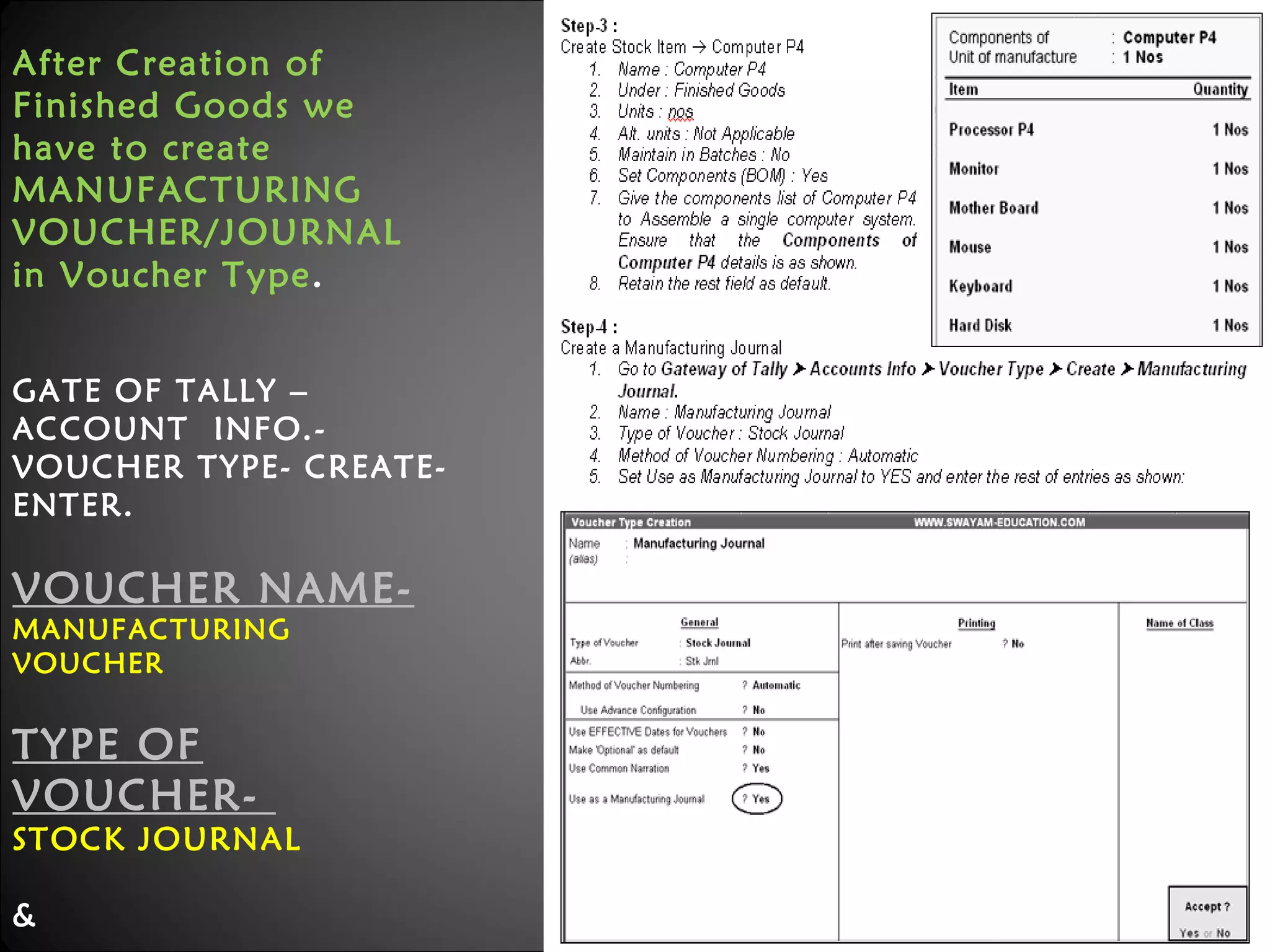 After Creation of
Finished Goods we
have to create
MANUFACTURING
VOUCHER/JOURNAL
in Voucher Type.
GATE OF TALLY –
ACCOUNT INFO.VOUCHER TYPE- CREATEENTER.

VOUCHER NAMEMANUFACTURING
VOUCHER

TYPE OF
VOUCHER-

STOCK JOURNAL
&

Niraj Choudhary.

 