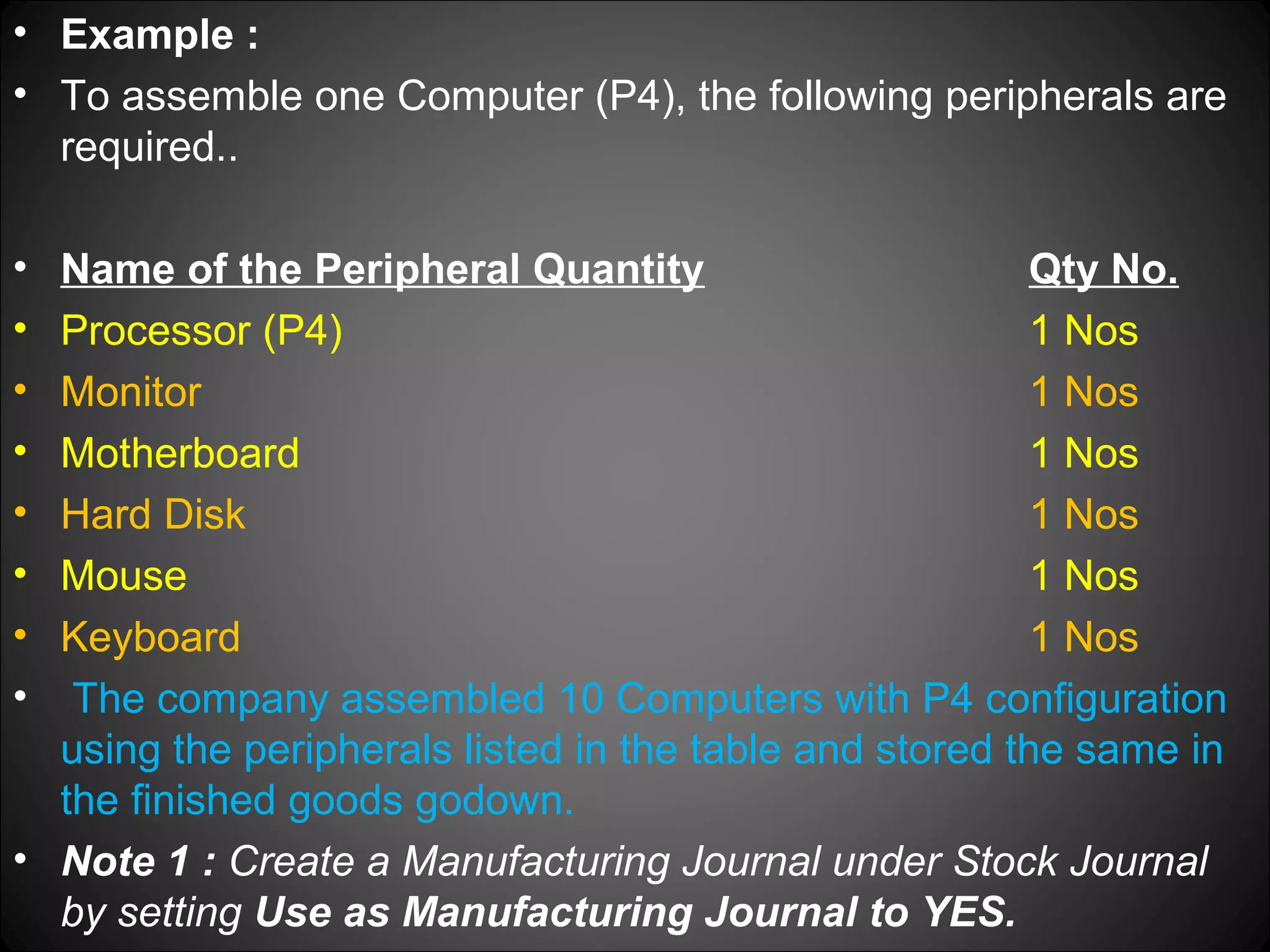 • Example :
• To assemble one Computer (P4), the following peripherals are
required..
•
•
•
•
•
•
•
•

Name of the Peripheral Quantity
Qty No.
Processor (P4)
1 Nos
Monitor
1 Nos
Motherboard
1 Nos
Hard Disk
1 Nos
Mouse
1 Nos
Keyboard
1 Nos
The company assembled 10 Computers with P4 configuration
using the peripherals listed in the table and stored the same in
the finished goods godown.
• Note 1 : Create a Manufacturing Journal under Stock Journal
by setting Use as Manufacturing Journal to YES.

 