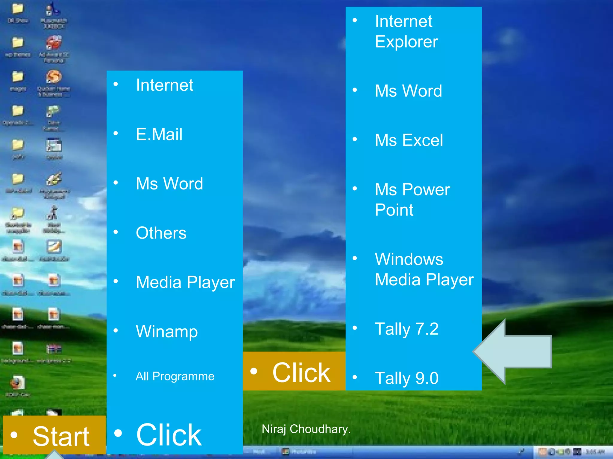 •

Internet
Explorer

•

Internet

•

Ms Word

•

E.Mail

•

Ms Excel

•

Ms Word

•

Ms Power
Point

•

Others
•

Windows
Media Player

•

Tally 7.2

•

Tally 9.0

•

Media Player

•

Winamp

•

All Programme

• Start • Click

• Click
Niraj Choudhary.

 
