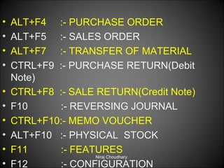 •
•
•
•
•
•
•
•
•
•

ALT+F4 :- PURCHASE ORDER
ALT+F5 :- SALES ORDER
ALT+F7 :- TRANSFER OF MATERIAL
CTRL+F9 :- PURCHASE RETURN(Debit
Note)
CTRL+F8 :- SALE RETURN(Credit Note)
F10
:- REVERSING JOURNAL
CTRL+F10:- MEMO VOUCHER
ALT+F10 :- PHYSICAL STOCK
F11
:- FEATURES
Niraj Choudhary.
F12
:- CONFIGURATION

 