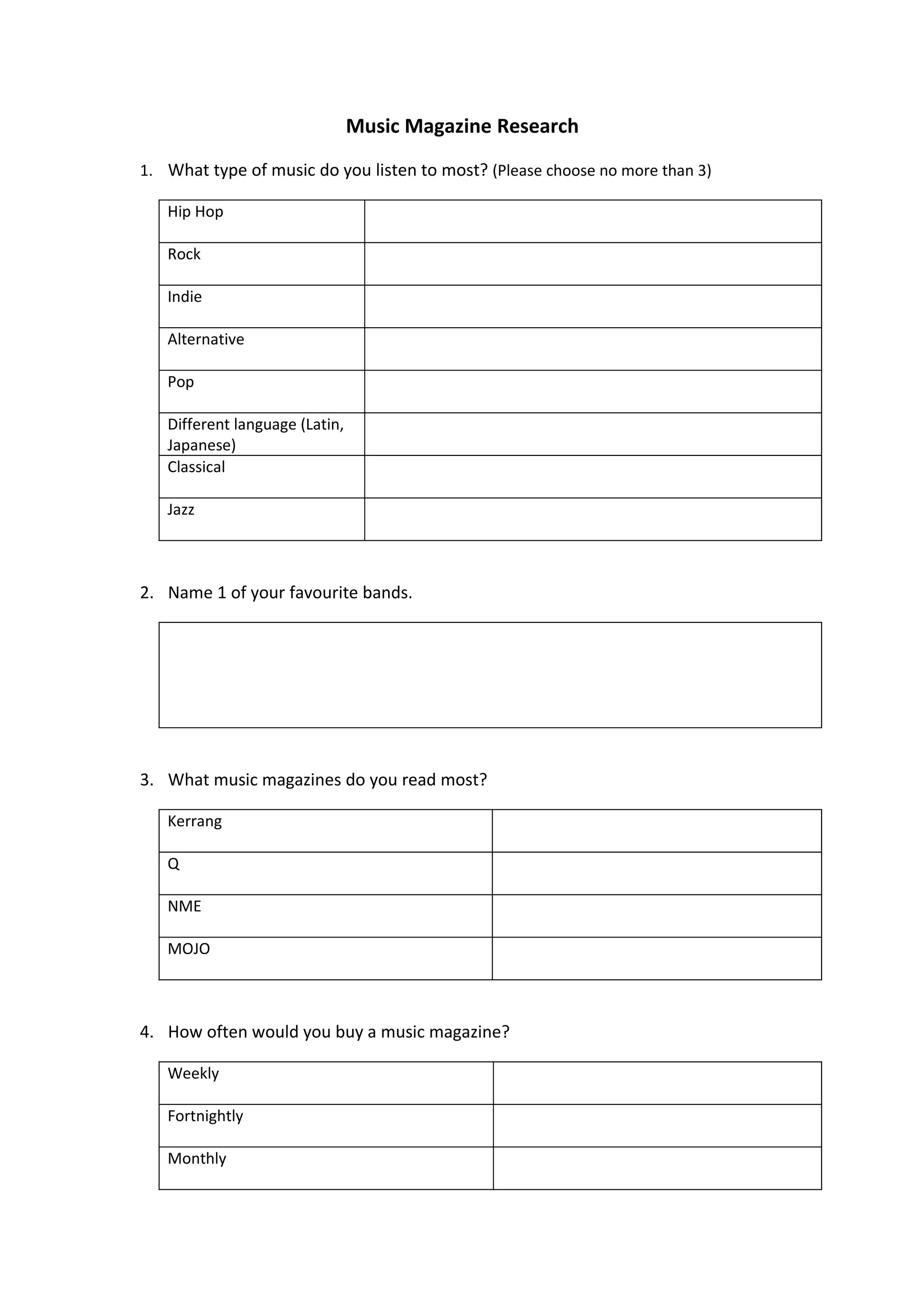 Music Magazine Research
1. What type of music do you listen to most? (Please choose no more than 3)
Hip Hop
Rock
Indie
Alternative
Pop
Different language (Latin,
Japanese)
Classical
Jazz
2. Name 1 of your favourite bands.
3. What music magazines do you read most?
Kerrang
Q
NME
MOJO
4. How often would you buy a music magazine?
Weekly
Fortnightly
Monthly