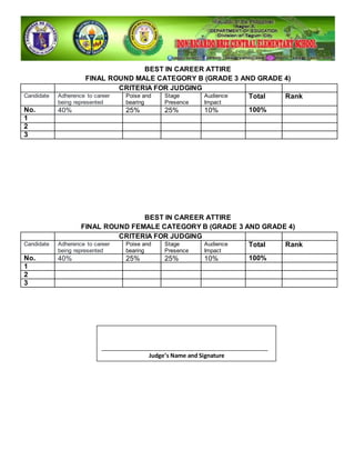 BEST IN CAREER ATTIRE
FINAL ROUND MALE CATEGORY B (GRADE 3 AND GRADE 4)
CRITERIA FOR JUDGING
Candidate Adherence to career
being represented
Poise and
bearing
Stage
Presence
Audience
Impact
Total Rank
No. 40% 25% 25% 10% 100%
1
2
3
BEST IN CAREER ATTIRE
FINAL ROUND FEMALE CATEGORY B (GRADE 3 AND GRADE 4)
CRITERIA FOR JUDGING
Candidate Adherence to career
being represented
Poise and
bearing
Stage
Presence
Audience
Impact
Total Rank
No. 40% 25% 25% 10% 100%
1
2
3
_____________________________________________________
Judge’s Name and Signature
 