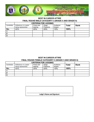 BEST IN CAREER ATTIRE
FINAL ROUND MALE CATEGORY C (GRADE 5 AND GRADE 6)
CRITERIA FOR JUDGING
Candidate Adherence to career
being represented
Poise and
bearing
Stage
Presence
Audience
Impact
Total Rank
No. 40% 25% 25% 10% 100%
1
2
3
BEST IN CAREER ATTIRE
FINAL ROUND FEMALE CATEGORY C (GRADE 5 AND GRADE 6)
CRITERIA FOR JUDGING
Candidate Adherence to career
being represented
Poise and
bearing
Stage
Presence
Audience
Impact
Total Rank
No. 40% 25% 25% 10% 100%
1
2
3
_____________________________________________________
Judge’s Name and Signature
 