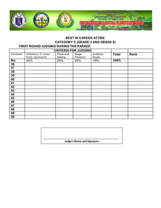 BEST IN CAREER ATTIRE
CATEGORY C (GRADE 5 AND GRADE 6)
FIRST ROUND JUDGING DURING THE PARADE
CRITERIA FOR JUDGING
Candidate Adherence to career
being represented
Poise and
bearing
Stage
Presence
Audience
Impact
Total Rank
No. 40% 25% 25% 10% 100%
36
37
38
39
40
41
42
43
44
45
46
47
48
49
50
_____________________________________________________
Judge’s Name and Signature
 