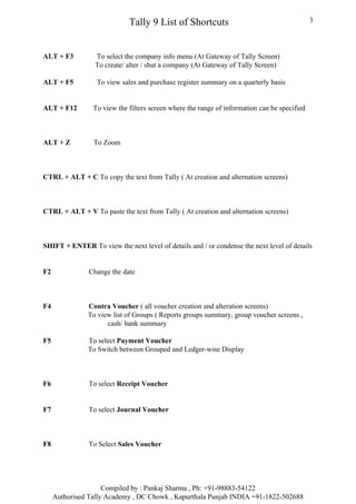 Tally 9 List of Shortcuts                                        3




ALT + F3          To select the company info menu (At Gateway of Tally Screen)
                  To create/ alter / shut a company (At Gateway of Tally Screen)

ALT + F5          To view sales and purchase register summary on a quarterly basis


ALT + F12        To view the filters screen where the range of information can be specified



ALT + Z          To Zoom



CTRL + ALT + C To copy the text from Tally ( At creation and alternation screens)



CTRL + ALT + V To paste the text from Tally ( At creation and alternation screens)



SHIFT + ENTER To view the next level of details and / or condense the next level of details


F2              Change the date



F4             Contra Voucher ( all voucher creation and alteration screens)
               To view list of Groups ( Reports groups summary, group voucher screens ,
                     cash/ bank summary

F5             To select Payment Voucher
               To Switch between Grouped and Ledger-wise Display



F6              To select Receipt Voucher


F7              To select Journal Voucher



F8              To Select Sales Voucher




                     Compiled by : Pankaj Sharma , Ph: +91-98883-54122
     Authorised Tally Academy , DC Chowk , Kapurthala Punjab INDIA +91-1822-502688
 