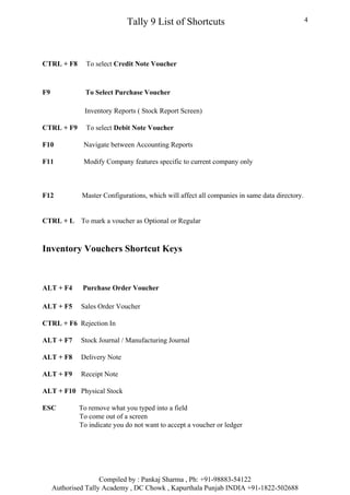 Tally 9 List of Shortcuts                                        4




CTRL + F8      To select Credit Note Voucher



F9             To Select Purchase Voucher

               Inventory Reports ( Stock Report Screen)

CTRL + F9      To select Debit Note Voucher

F10           Navigate between Accounting Reports

F11           Modify Company features specific to current company only



F12           Master Configurations, which will affect all companies in same data directory.


CTRL + L      To mark a voucher as Optional or Regular



Inventory Vouchers Shortcut Keys



ALT + F4      Purchase Order Voucher

ALT + F5      Sales Order Voucher

CTRL + F6 Rejection In

ALT + F7      Stock Journal / Manufacturing Journal

ALT + F8      Delivery Note

ALT + F9      Receipt Note

ALT + F10 Physical Stock

ESC          To remove what you typed into a field
             To come out of a screen
             To indicate you do not want to accept a voucher or ledger




                     Compiled by : Pankaj Sharma , Ph: +91-98883-54122
     Authorised Tally Academy , DC Chowk , Kapurthala Punjab INDIA +91-1822-502688
 