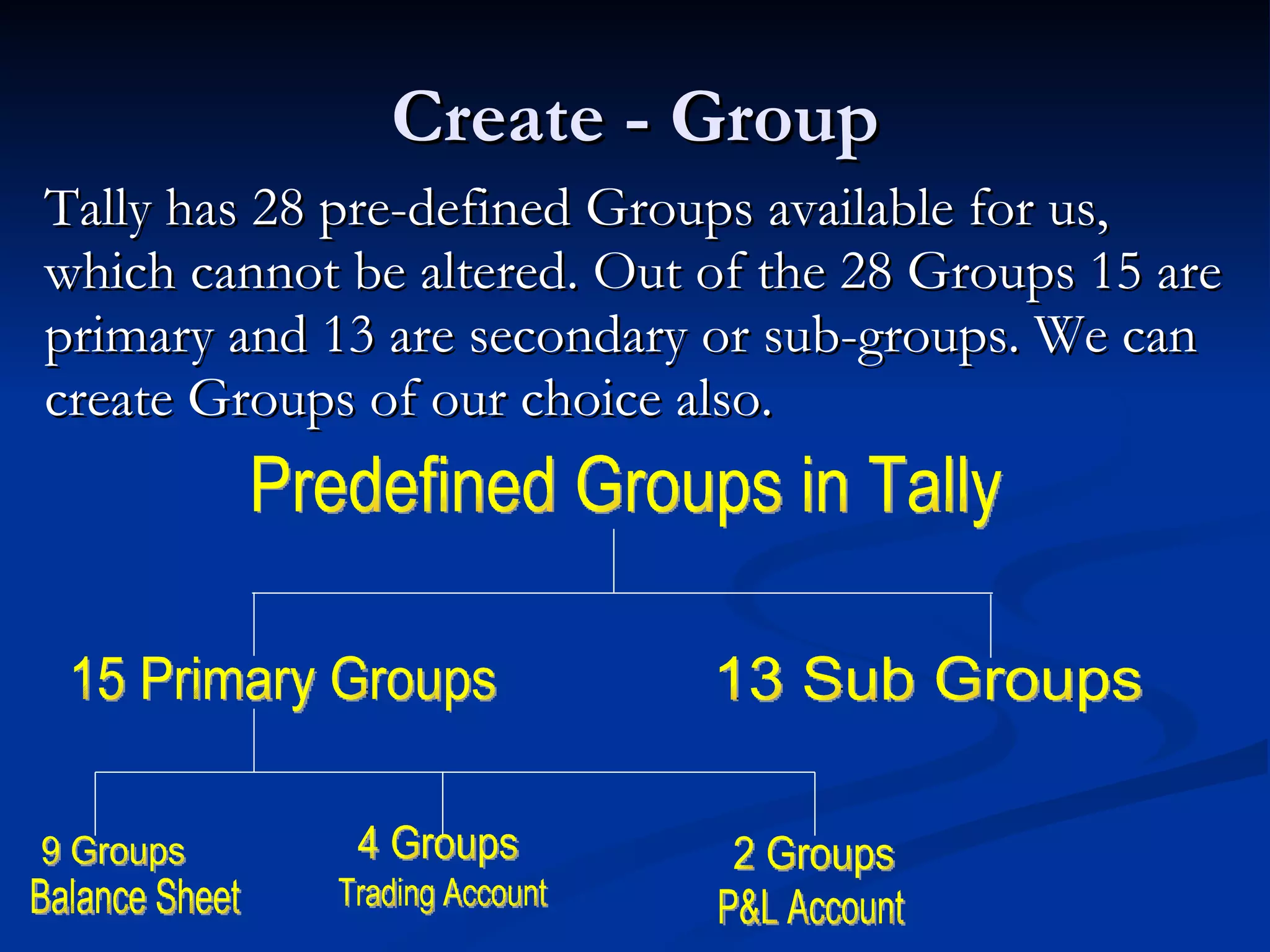 Create - Group Tally has 28 pre-defined Groups available for us, which cannot be altered. Out of the 28 Groups 15 are primary and 13 are secondary or sub-groups. We can create Groups of our choice also.   Predefined Groups in Tally 15 Primary Groups  13 Sub Groups  9 Groups  4 Groups  2 Groups  P&L Account Balance Sheet Trading Account 