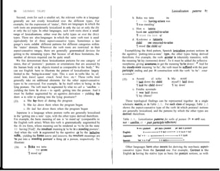 86      LEONARD TALMY                                                                                                                Lexicalization       patterns   87

    Second, even for such a smaller set, the relevant verbs in a language                  b. Boku wa tatte             ita
generally are not evenly lexicalized over the different types. For                            1      TOP having-arisen was
example, for the expression of ‘states’, there are languages in which the                     ‘1 was standing’
verb roots are preponderantly lexicalized in only the (a) or only the (b)                  c. Hon o tateta
or only the (c) type. In other languages, such verb roots show a small                        book Om AGENTed-tO-atiSe
range of lexicalizations, either over the (a/b) types or over the (b/c)                       '1 stood the book up’
types. There are also Ianguages in which the same verb root is used
                                                                                           d. Kodomo o tataseta
equivalently for al1 three aspect-causative types. Sometimes a lan-
                                                                                              Child      OBJ INDUCEd-to-tiSe
guage’s roots exhibit different pattems for different categories within
the ‘states’ domain. Wherever the verb roots are restricted in their                          ‘1 stood the Child up’
aspect-causative ranges, there are generally grammatical devices for             Exemplifying the third pattem, Spanish lexicalizes posture notions in
getting to the remaining types. But because of all these limitations, the      the agentive ‘putting-into-a-state’ type, the other types being derived
number of devices required can be quite small.                                 therefrom. For example, the verb acosrar is inherently transitive, with
    We first demonstrate these Iexicalization pattems for one category of      the meaning Yo lay (someone) down’. To it must be added the reflexive
states, that of ‘postures’: postures or orientations that are assumed by       morpheme, giving acostarse, to get the meaning Yo he down’. n And for
the human body or by objecis treated as comparable to the body.” We            the steady-state meaning ‘to lie’, the verb must be stied with the past
can use English here to illustrate the pattern of lexicalization largeiy       participle ending and put in construction with the verb ‘to be’: estar
limited to the ‘being-in-a-state’ type. This is seen in verbs like lie, sif,   acostado?
stand, lean, kneel, squat, cruuch, bend, bow, etc.= These verbs must
                                                                               (35)        a. Acosté        el niño             b. Me      acosté
generally take on additional elements for the other aspect-causative                          1 laid down the Child                myself I Iaid down
types to be conveyed. For example, lie by itself refers to being in the                       ‘I laid the Child down’              ‘1 lay down’
 lying posture. The verb must be augmented by what we cal1 a ‘satelhte -
 yielding the form lie down - to signify getting into the posture. And it                  c. Estaba acostado
 must be further augmented by an agentive derivation - yielding lay                           1 was laid down
 duwn - to refer to putting into the lying posture?                                           ‘I lay (there)’
 (33)      a. She lay there al1 during the program                               These typological findings can be represented together in a single
           b. She lay duwn there when the program began                        schematic matrix, as in Table 2.5. For each class of language, Table 2.5
           c. He laid her down there when the program began                    shows the aspect-causative type of the verb in which postura1 notions
                                                                               are generally lexicalized, and the pattems by which the other types are
    Japanese is a language where posture verbs are generally lexicalized       derived therefrom.
 in the ‘getting into a state’ type, with the other types derived therefrom.
 For example, the basic meaning of tatu is ‘to stand up’ (comparable to        Table 2.5. Lexicalization patterns for verbs of posture (v = ver& root,
 the English verb arise). When this verb is grammatically augmentcd by         SAT = satellite, PP = past participle inflection)
 the -fe iru form, whose meaning can be rendered as ‘to be (in the state
                                                                                              be in a posture   gel into a posture     put imo a postwe
 00 having [Ved]‘, the resultant meaning is ‘to be in a standing posture’.
 And when the verb is augmented by the agentive or by the inducive             English:              V-V+SAT-                            VfCAUSfSAT

 sti, yielding the forms tateru and tataseru, the resultant meanings are       Japanese:       %e'+v + PP -v                             + v+cAus

 ‘to put into a standmg posture’ a thing or a person, respectively. To         Spanish:        ‘be’ + v + PP’        VfREFL4                  V
 illustrate:
  (34)      a. Baku wa tatta                                                     Other Ianguages have other means for deriving the non-basic aspect-
               1      TOP arose                                                causative types from the favored one. For example, German is like
               ‘1 stood up’                                                    English in having the stative type as basic for posture notions, as with
 