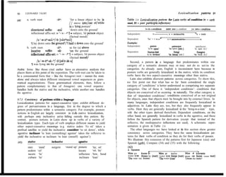 90     LEONARD TALMY                                                                                                                    Lexicalization patterns 91

(401    a. verb root               -itU-         ‘for a linear object to be in   Table 2.6. Lexicdization pattem for Latin verbs of condition (v = verb
                                                 // move into/out of/while       root, PP = pmt pariiciple inflection)
                                                 in a lying posture’
           directional su3ix:       -II&         ‘down onto the ground’                           be in a condition      enter into a condìtion        put into a condition
           infíectional affix-set: s- ‘- w- -a ‘1 - subject, 3d person object                                                                             Y
                                                                                 Independent:              V              , V t INCHOATIVE                     V + CAUS
                                                 (factual mood)’                                                    Y                                               .
                 /s-r-w-itU-miE-a/* [&ithmíE]                                    Dependent:         ‘be’ + v + PP          V+Mw~OPAsslvE~                           V

           ‘1 lay down onto the ground’/‘I Iaid it down onto the ground’         Examples:

                                    -it”-                                        Independent:           patere                  patescere                      patefacere
        b. verb root:                            as for (a) above                                    ‘to be open’           ‘to open (itr.)                  ‘to open (tr.)’
           locative        suffix:  -ak-          ‘on the ground                 Dependent:          fractus esse                 frangi                        frangere
           inflectional &-set: s- ‘- w- -a ‘I - subject, 3d person object                          ‘to be broken’           70 break (intr.)’               ‘to break (tr.)’
                                                  (factual mood)’
                  /s-‘-w-itU-ak.-a/ j[s&it,ák*a]                                   Second, a pattem in a language that predominates within one
            ‘1 was Iying on the ground’                                          category of a semantic domain may or may not do so ucro’oss the
Arabic forms like those cited earlier have an aitemative analysis that           categories. As already seen, English is inconsistent here because its
places them at this point of the exposition. The verb root can be taken to       posture verbs are generally lexicalized in the stative, while its condition
be a consonantal form that - like the Atsugewi root - names the state            verbs have the two aspect-causative meanings other than stative.
alone and always takes different interposed vowel sequences as gram-               Latin also exhibits dierent pattems across categories. To show this,
matical augmentations. These grammatical elements, then, follow a                we first point out that what has so far been considered the single
pattem complementary to that of Atsugewi: one vowel sequence                     category of ‘conditions’ is better understood as comprising two separate
bandles both the stative and the inchoative, while another one handles           categories. One of these is ‘independent conditions’: conditions that
the agentive .                                                                   objects are conceived of as occurring in naturally. The other category is
                                                                                 that of ‘dependent conditions’: conditions conceived of as not original
I-7.1 Consistency of patiems within a lmguage                                    for objects, enes that objects must be brought into by externa1 forces. In
Lexicalization pattems for aspect-causative types exhibit different de-          many languages, independent conditions are frequently Iexicalized in
grees of pervasiveness in a language, first in the degree to which a             adjectives. In Latin they are, too, but they also frequently appear in
pattem predominates within a semantic category. For example, posture             verbs. Here they are generally lexicalized in the ‘being-in-a-state’ type,
notions in English are largely consistent in ti& stative lexicalization,         with the other types derived therefrom. Dependent conditions, on the
with perhaps oniy inchoative atie falling outside this pattem. By                other hand, are generally lexicalized in verbs in the agentive, and these
contrast, posture notions in Latin show up in verbs of a variety of              follow the Spanish pattern for derivation (except that instead of the
lexicalization types. Each type of verb employs different means to yield         reflexive, the mediopassive inflections are used), A schematic repre-
other aspect-causative meanings (e.g. stative sedere Yo sit’ takes a             sentation is given in Table 2.6.
prefixal satellite to yield the inchoative considere ‘to sit down’, while           The other languages we have looked at in this section show greater
agentive inclinare ‘to lean (something) against’ takes the reflexive to          consistency across categories. They have the same Iexicalization pat-
yield the inchoative se inclinare ‘to lean (oneself) against’):                  tems for their verbs of condition as they do for their verbs of posare.
                                                                                 We illustrate this extension of the pattems first for Japanese (ea) and
(41)     stative              inchoative              agentive                   Spanish (42b). Compare (34) and (35) with the following:
         stare      ‘stand’   surgere      ‘stand up’ ponere        ‘lay, set’
         sedere    ‘sit’                              locare        ‘set, lay’   ‘P:‘,anese
                                                                                                      Y                           I                            Ya
         iacere     ‘lie’                             inflectere   .‘bow, bend   h&u ga       kootte ita          Mim ga       kootta           Miiu    0     ko0ra.d
                                                                                 water suw frozen be       (PA@    water SUBJ freeze    (PAST) water OBT      freeze    (CAUSE PA@
         cubare     ‘lie’                              inclinare   ‘lean’        ‘The water was frozen’           ‘The water frote’             ‘1 froze the water’
 