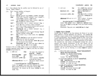 ro8      LEOKARD      TALMY                                                                                             Lexicdization    pactems    109

[A ‘+’ here indicates that the satellite must be followed by one of                    b. verb root:            -lup-       ‘for a small shiny spherical
-irn/-&, ‘hither’/‘thither’):                                                                                               object to move/be Iocated’
        Path + Ground sateilites in Atsugewi                                              directional suffix:   -mik-       ‘into the face/eye(s) of
(75)       _
        -Et           ‘into a liquid                                                                                        someone’
        -cis          ‘into a fire’                                                       instrumental prefrx: phu-        ‘from the mouth - working
        lisp -u- + ‘into an aggregate’ (e.g. bushes, a crowd, a rib-cage)                                                  egressively - acting on (the
        -wani         ‘down into a gravitic container’ (e.g. a basket, a                                                   Figure)
                      cupped hand, a pocket, a lake basin)                                inflectional affix-set: m- w- -a ‘thou - subject , 3d person
        -wamm         ‘into an areal enclosure’ (e.g. a corral, a lieId, the                                               object (factual mood)’
                      area occupied by a pool of water)                                        /m-w-phu-lup-mik--“/ 3 [mphol-úphmik-a]
        -ipsn” + ‘(horizontally) into a volume enclosure’ (e.g. a                         Literal: ‘You caused it that a small shiny spherical object
                      house, an oven, a crevice, a deer’s stomach)                        move into his face by acting on it with your mouth working
        -tip -u* + ‘down into a (Iarge) volume enclosure in the ground                    egressively’
                      (e-g. a cellar, a deer-trapping pit)                                Instantiated: ‘You spat your candy-hall into his face’
        -ikn +        ‘over-the-rim into a volume enclosure’ (e.g. a
                      gopher hale, a mouth)
        -ikc          ‘into a passageway so as to cause blockage’ (e.g. in     2.3 Patient: (Figure/) Ground
                      choking, shutting, walling off)                          Another type of satehite is one that indicates the Patient of an event
        -iks” +       ‘into a comer’ (e.g. a room comer, the Wall-floor        being referred to. Though apparentiy rare otherwise, such sateIlites do
                      edad                                                     constitute a major system in some Amerindian languages, those known
        -mika         ‘into the face/eye (or onto the head) of someone’        as ‘noun-incorporating’. These languages inciude an afJ?xaI form of the
        -miE          ‘down into (or onto) the ground                          satellite within their polysynthetic verb. Caddo is a case in point. Here,
        -c-k” +       ‘down into (or onto) an object above the ground          the satellite gives a typicahy more generic identification of the Patient.
                      (e.g. the top of a tree stump)                           The sentence may also contain an independent nominal that @ves a
        -iiS          !horizontally into (or onto) an object above the         typicaliy more specific identification of the same Patient, but the
                      ground’ (e.g. the side of a tree trunk)                  satellite must be present in any case. Here first are some non-motion
Instances of the use of this satellite system can be seen in the Atsugewi      examples, with (77a) showing the Patient as subject in a non-agentive
                                                                               sentence, and (b) and (c) showing it as direct object in agentive
examples appearing earlier, (Tga, b, c), (4oa, b), and (48); two further
exampies are given in (76).                                                    sentences:
                                                                               (77)      a. Qiku3 hák-n&&-ni-kah-sa3j [Xniku? háhnisánkáhsap]
(76)     a. uerb root:               -sia+       ‘for runny icky material to                 church PRoG-house-bum-PROG
                                                move/be        located’                      LiteraUy: ‘The church is house-burning
             directional suffix:     -ipsn”      ‘into a volume enclosure’                              (i .e . , building-buming)’
             deictic suEx:           -ik*        ‘hither’                                    Loosely: ‘The church is burning’
             instrumental prefix: ma-            ‘from a person’s foot/feet
                                                 acting on (the Figure)’                 b. cú-cu’ /can-yi-dapk-ah j [cúcu? kannida’kah]
             inflectional aEix-set: ‘- w- -a     ‘3d person subject (factual                 milk    hquid-find-PAST
                                                mood)’                                       LiteraUy: ‘He liquid-found the milk
                  / ‘-w-ma-staq-ipsn”-ik*-a/ j[Aasia$psnuk*a]                                Loosely: ‘He found the milk
             Literal: ‘He caused it that runny icky material move hither                 c. widil dú ‘32~yi-dapk-ah $ [widiS dânnidapkah]
             into a volume enclosure by acting on it with his feet’                          salt powder-find-PAST
             Instantiated: ‘He tracked up the house (coming in with                          LiteralIy: ‘He powder found the Salt’
             muddy feet)’                                                                    Loosely: ‘He found the Salt’
 