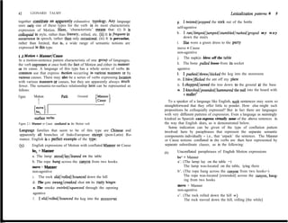 62        LEONARD TALMY .                                                                                                  Lexicalization   patterns 6   3

together constitute an apgarently exhaustive typology. Any language                      g . 1 twUred/popped the cork out of the bottle
uses only one of these types for the verb in its most characteristic
                                                                                         self-agentive
expression of Motion. Here, ‘characteristic’ means that: (i) It is
culloquial in style, rather than Iiterary, stilted, etc. (ii) It is frequent in          h . 1 ran/limped/jumped/stumbled/rushed/groped m y w a y
occurrence in speech, rather than only occasional. (iii) It is pervasiue,                    down the stairs
rather than limited, that is, a wide range of semantic notions are                       i. She wore a green dress to the party
expressed in this type.                                                                  move + Cause
                                                                                         non-agentive
I .I Motim + Manner/Cause
                                                                                         j. The napkin blew off the table
In a motion-sentence pattem characteristic of one group of Ianguages,
the verb expresses at once both the fact of Motion and either its manner                 k. The bone pulled Ioose from its socket
or its cause. A language of this type has a whole series of verbs in                     agentive
common use that express Jnotion occurring in various manners or by                       1. 1 pushed/threw/kicked the keg into the storeroom
various causes. There may aIso be a series of verbs expressing lucnfion
                                                                                         m. 1 blew/$icked the ant off my plate
with various manners or causes, but they are apparently always much
fewer. The semantic-to-surface relationship here can be represented as                   n. 1 chopped/sawed the tree down to the ground at the base
follows:                                                                                 o. 1 knocked/pounded/hammered the nail into the board with
                                                                                             a mallet’
Figure.    Motion                Fath        Ground
           {Jy),                                          E:yl                       To a speaker of a language like English, such sentences may seem so
                                                                                  straightforward that they offer little to ponder. How else might such
                                                                                  propositions be colloquially expressed? But in fact there are languages
                                                                                  with very different pattems of expression. Even a language as seemingly
            mrface vertm                                                          kindred as Spanish can express virtuaily none of the above sentences in
Figure 2.1 Manner or Cause conflated in the Motion verb                           the way that English does, as is demonstrated below.
                                                                                     Some indication can be given of the type of conflation pattem
Language families that seem to be of this type are Chinese and                    involved here by paraphrases that represent the separate semantic
apparently al1 branches of Indo-European except (post-Latin) Ro-                  components individually - i.e., that ‘unpack’ the sentences. The Manner
mance. English is a perfect example of the type:                                  or Cause notions conflated in the verbs are then best represented by
          English expressions of Motion with conflated Manner or Cause            separate subordinate clauses, as in the following:
          beL + Manner                                                                    Unconflated paraphrases of English Motion expressions
                                                                                  (6)
          a. The lamp stuod/luy/leaned on the table                                       be‘ + Manner
          b. The rope hung across the canyon from two hooks.                              a’. (The lamp lay on the table =)
          move + Manner                                                                       The lamp was-located on the table, iying there
          non-agentive                                                                    b’. (The rope hung across the canyon from two hooks=)
          c . The rock sIid/rolled/bounced down the hill                                      The rope was-located [extended] across the canyon, hang-
                                                                                               ing from two hooks
          d. The gate swunglcreaked shut on its rusty hinges
                                                                                          move + Manner
          e. The smoke swirled/squeezed through the opening
                                                                                          non-agentive
          agentive
                                                                                          c’. (The rock rolled down the hill =)
          f . 1 slid/rolled/bounced the keg into the storero&                                  The rock moved down the hill, rolling [the while]
 