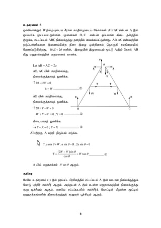 6
A

cjhuzk; 3
xt;nthd;Wk; W epiwAila rPuhd rkePsKila Nfhy;fs; AB,AC vd;gd A ,y;
xg;gkhf %l;lg;gl;Ls;sd. Kidfs; B, C vd;gd xg;gkhd fpil jsj;jpy;
,Uf;f> rl;lg;gly; ABC epiyf;Fj;J jsj;jpy; itf;fg;gl;Ls;sJ. AB,AC vd;gtw;wpd;
eLg;Gs;spfis ,izf;fpd;w ePsh ,io xd;wpdhy; njhFjp rkepiyapy;
Ngzg;gLfpd;wJ. ˆ
BAC 2
 vdpd;> ,ioapd; ,OitAk; %l;L A,y; Nfhy; AB
kPJ kWjhf;fj;jpd; gUkidf; fhz;f.
Let AB = AC = 2a
AB, AC apd; rkepiyf;F>
epiyf;Fj;jhfj; Jzpf;f.
2R 2 0
W
  
R = W ................................
AB apd; rkepiyf;F>
epiyf;Fj;jhfj; Jzpf;f.
2R+ Y - 0
W
 
+ Y - = 0 ; Y = 0
W W ...................
fpilahfj; Jzpf;f.
T X 0 ; T X
    ....................... 
AB ,w;F A gw;wp jpUg;gk; vLf;f.
T. cos . sin R . 2 sin 0
a W a a
  
  
 
2 sin
T tan
cos
W W
W




  ...................
A apy; kWjhf;fk; tan
W  MFk;.
Fwpg;G:
NkNy cjhuzk; (1) ,y; jug;gl;l gpurpdj;jpy; rl;lg;gly; A ,d; Clhd epiyf;Fj;Jf;
NfhL gw;wpr; rkr;rPu; MFk;. mj;Jld; A ,y; cs;s kWjhf;fj;jpd; epiyf;Fj;J
$W g+r;rpak; MFk;. vdNt rl;lg;glypy; rkr;rPu;f; Nfhl;bd; kPJs;s %l;by;
kWjhf;fq;fspd; epiyf;Fj;Jf; $Wfs; g+r;rpak; MFk;.
 